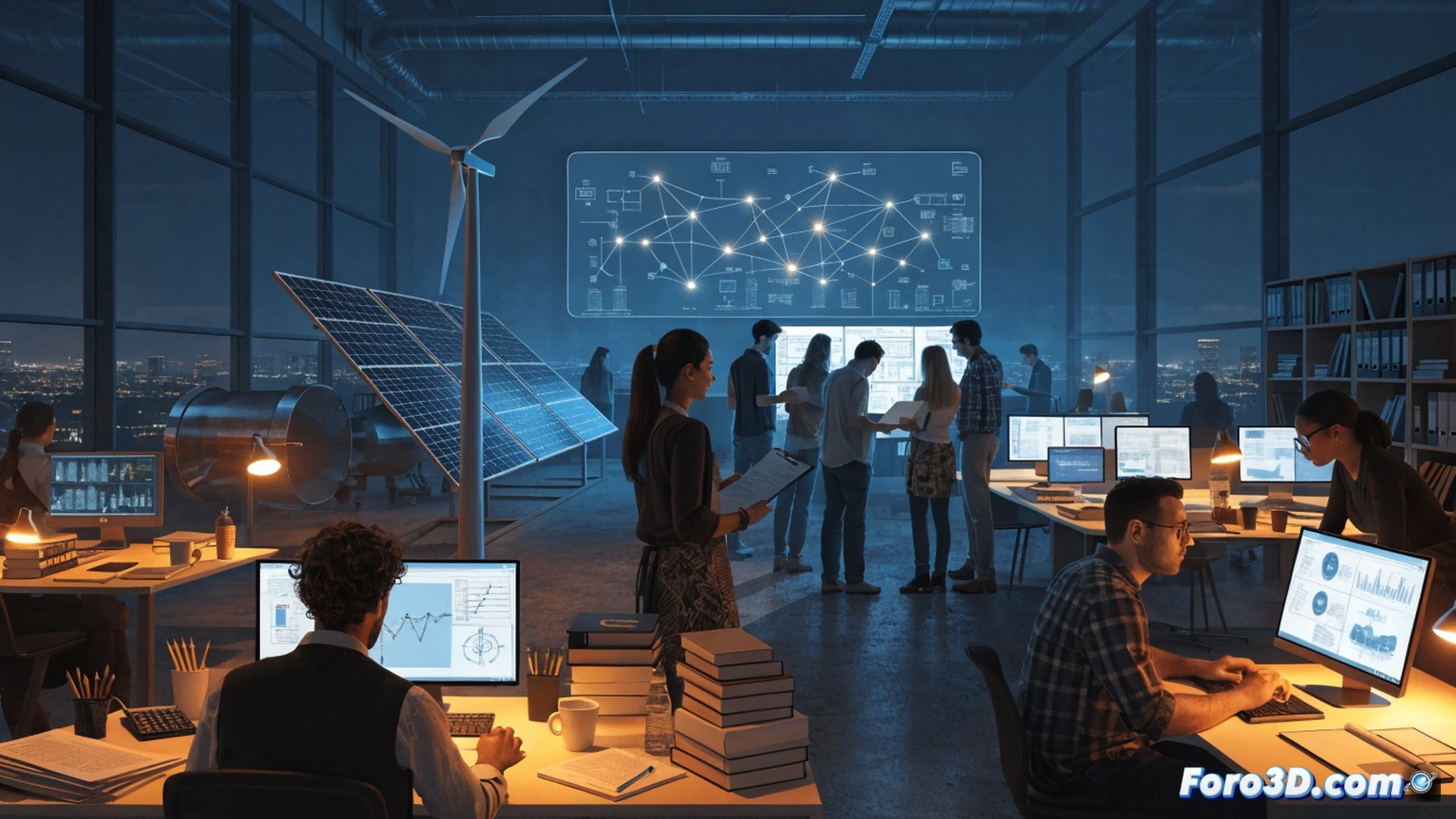 Modern office interior with a citizen consulting an energy advisor at a digital kiosk, holographic screen showing a house renovation plan with insulation layers and solar panel diagrams, advisor pointing at energy bill breakdown on a tablet, glowing heat loss visualization on building model, citizens waiting in line while looking at infographics on wall monitors, photorealistic technical illustration, warm lighting, clean corporate design, ultra-detailed UI elements, cinematic composition