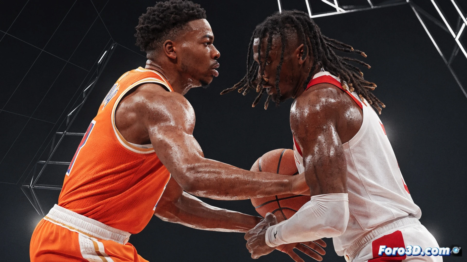 NBA basketball player OG Anunoby in a defensive stance on the perimeter, hand outstretched to deflect a pass, opponent’s silhouette blurred mid-dribble, glowing trajectory lines showing anticipation and lateral footwork, hardwood court with team logos faintly visible, cinematic sports visualization, photorealistic lighting from arena floodlights, sweat details on jersey, muscular tension in arms, motion blur on ball, tactical overlay with defensive positioning arrows, ultra-detailed athletic gear, dramatic shadow contrast