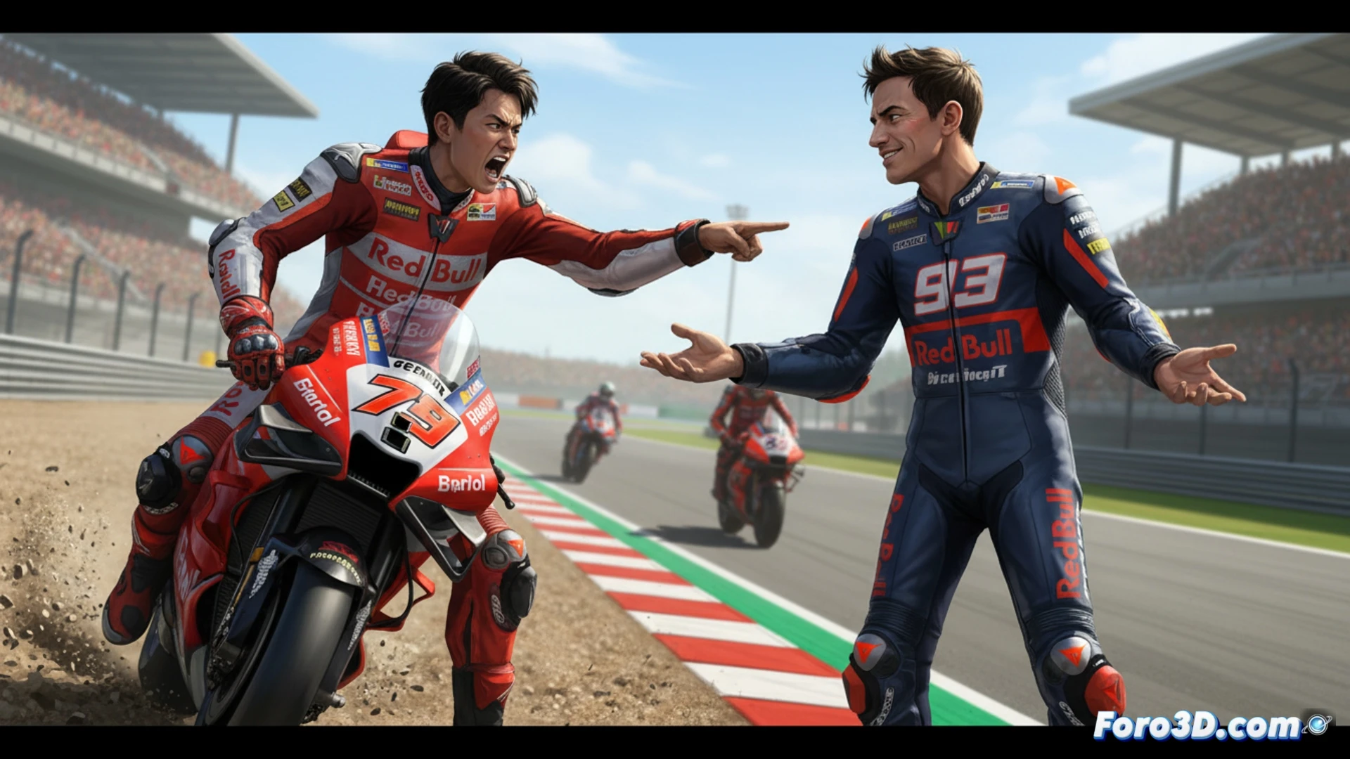 Dos pilotos de MotoGP en plena curva cerrada en Mugello. El de atrás frena bruscamente, casi perdiendo el control, mientras el de adelante acelera.