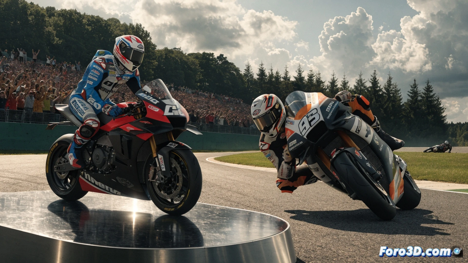 MotoGP race crash sequence at Assen circuit, Ai Ogura sliding motorcycle into turn while Marco Bezzecchi tumbles off bike into gravel trap, carbon fiber fairing fragments scattering, rear tire smoke and dust cloud rising, Raúl Fernández and Jorge Martín racing through background chicane, pit wall timing screens showing leaderboard change, photorealistic technical illustration, motion blur on spinning wheels, gravel particles suspended mid-air, dramatic overcast Dutch sky, ultra-detailed suspension forks and brake calipers, cinematic race photography style