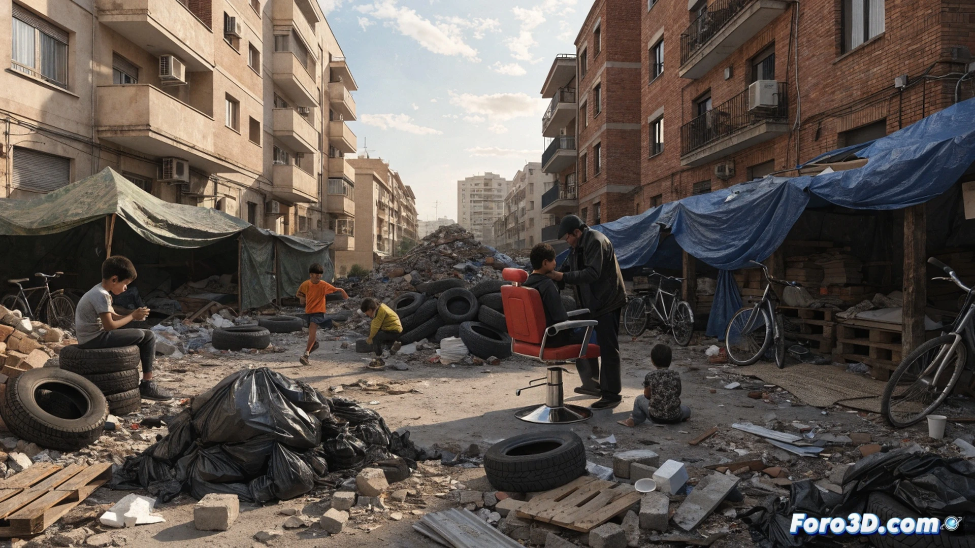 Okupas convirtiendo solar en basurero, hombre cortando pelo a un menor sobre neumáticos y desechos de coches desguazados, niños jugando entre basura y chatarra, fondo de edificios residenciales, luz diurna opaca, atmósfera sucia y descuidada, estilo fotográfico documental realista, texturas de plásticos rotos y metal oxidado, neumáticos apilados, ropa desgastada, tonos grises y marrones, alta nitidez, composición vertical, denuncia social, ultra detallado, photorealistic