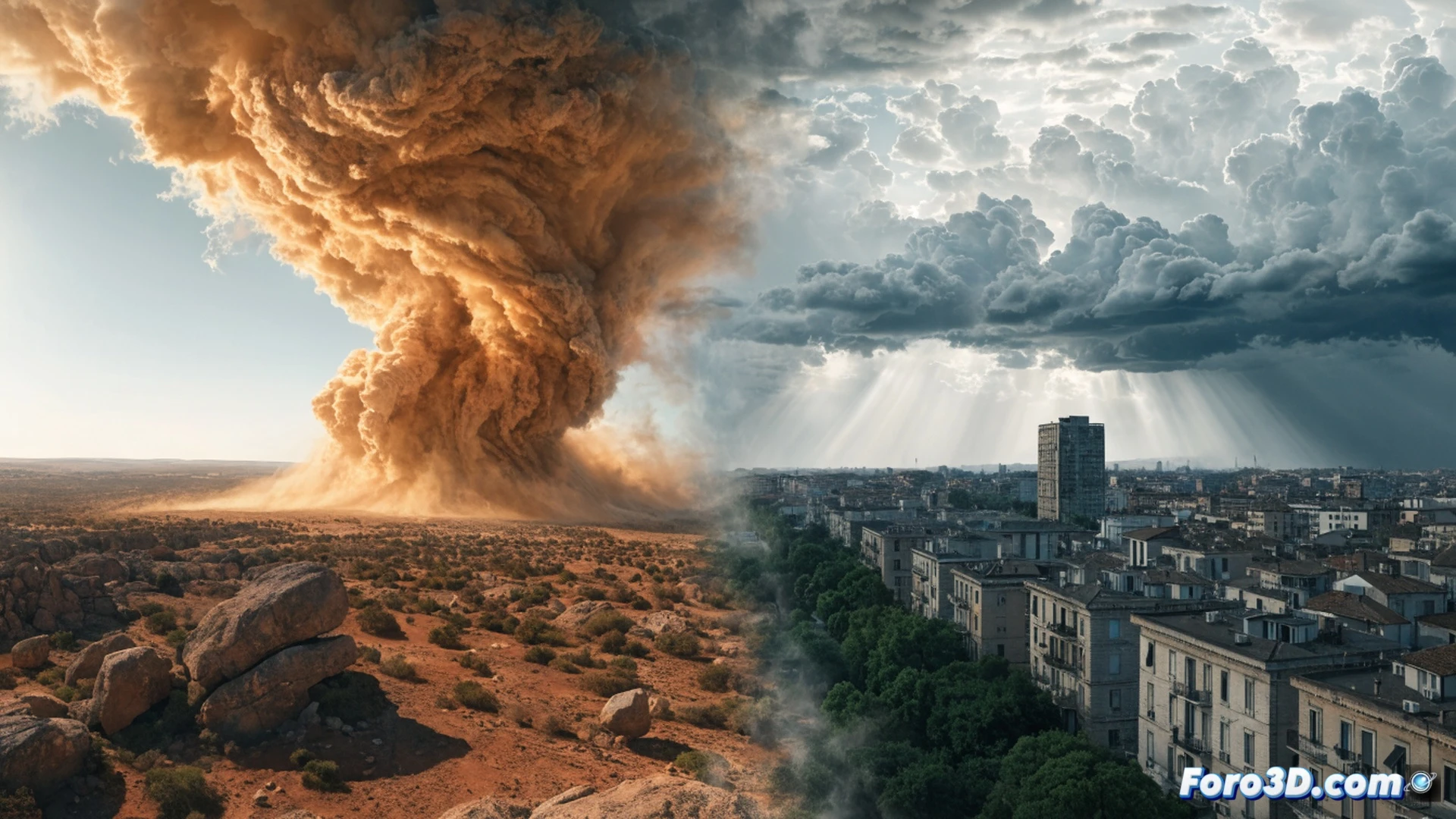 African heatwave front hitting northern Italian industrial landscape, red thermal gradient expanding over Milan city skyline from south, steel bridges and factory roofs radiating heat waves visible, weather monitoring station on rooftop with anemometer spinning fast, digital thermometer display cracking from extreme temperature, warning siren light flashing red, cumulonimbus clouds forming in distance where hot air meets cold front, cinematic photorealistic weather visualization, dramatic orange-red sunset lighting, heat haze distortion over asphalt roads, ultra-detailed urban infrastructure, emergency preparedness signs on building facades, technical meteorological illustration