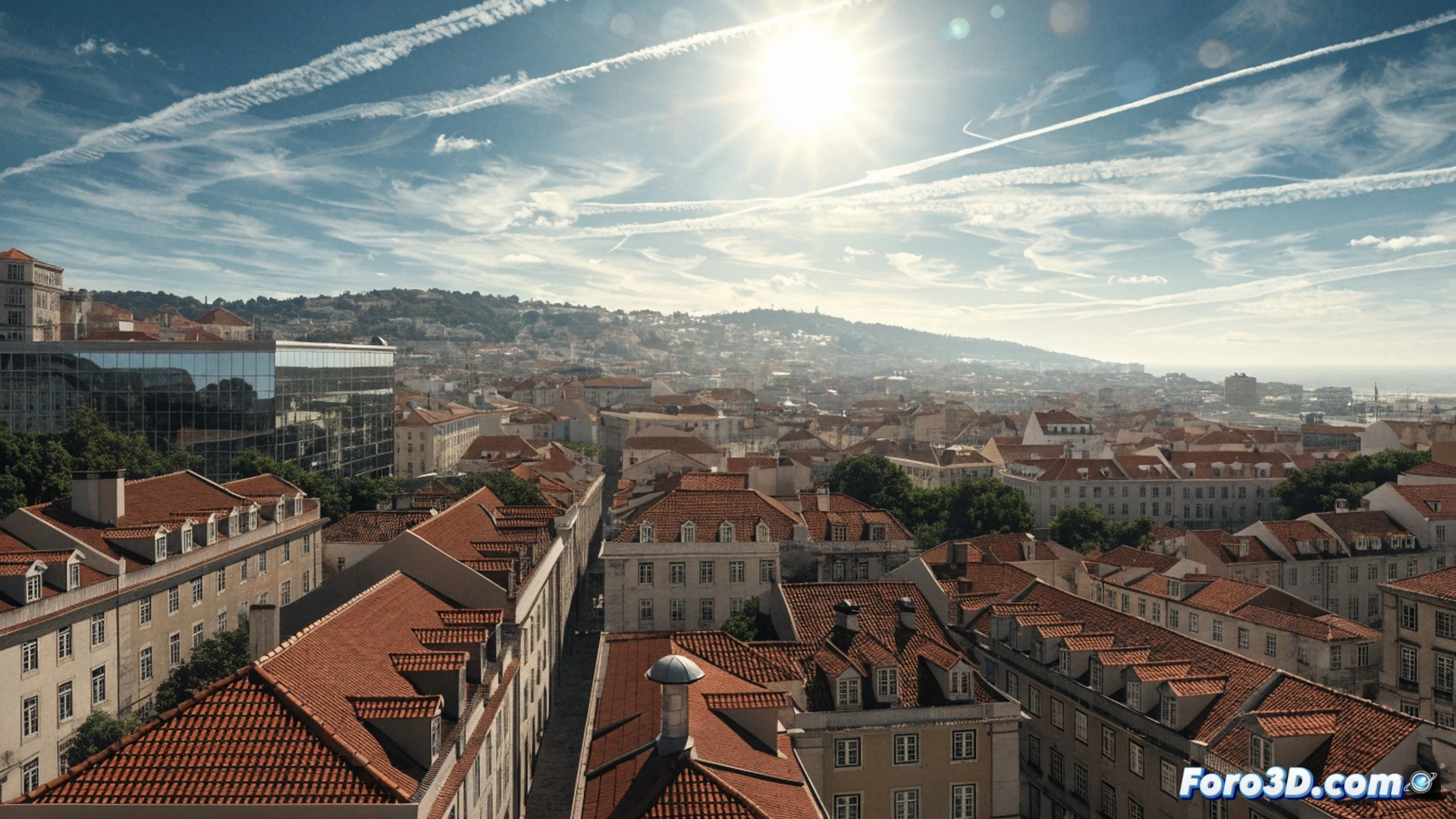 Lisbon cityscape under intense heat wave, digital thermometer on a building facade showing 37 degrees Celsius, elderly person drinking water in shaded square, children playing near a mist-cooling fan, IPMA weather station with solar radiation sensor, red and orange alert symbols on a tablet screen, cinematic photorealistic visualization, hazy sky with heat distortion, sun flares through thin clouds, urban heat island effect visible, realistic atmospheric perspective, dramatic golden hour lighting, ultra-detailed textures of stone pavement and metal structures