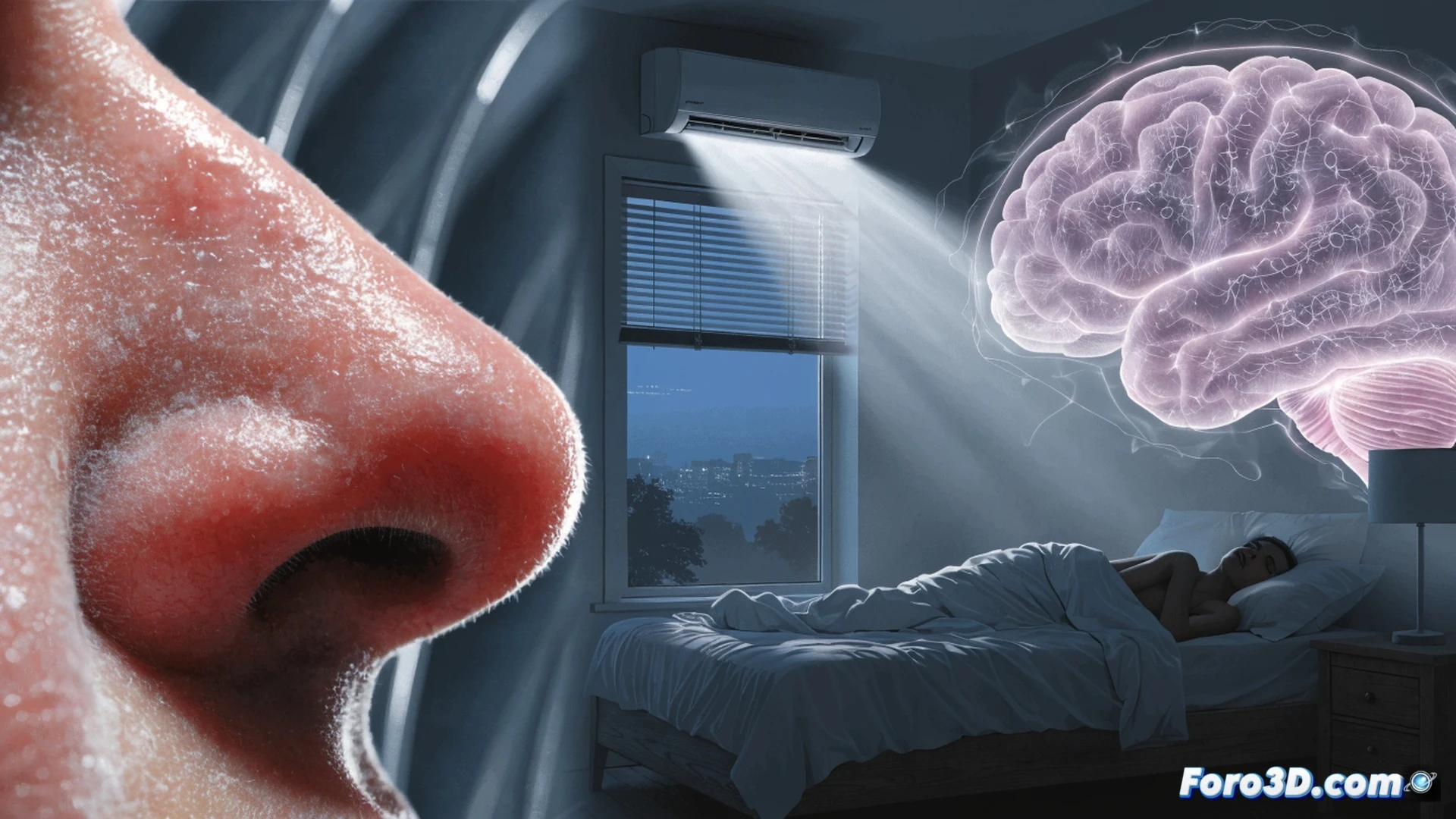 cinematic bedroom scene at night, air conditioner vent blowing cold dry air across sleeping person, nasal passages shown in cross-section with glowing blue dehydrated mucus membranes, dust particles floating in dry airflow, throat and lungs highlighted in orange showing irritation, digital hygrometer on nightstand displaying 30% humidity, micro-alarm clock showing 2:47 AM, person tossing with restless body language, photorealistic medical illustration style, cool blue ambient light mixing with warm skin tones, ultra-detailed respiratory anatomy, dramatic contrast between icy air and body heat, technical health visualization