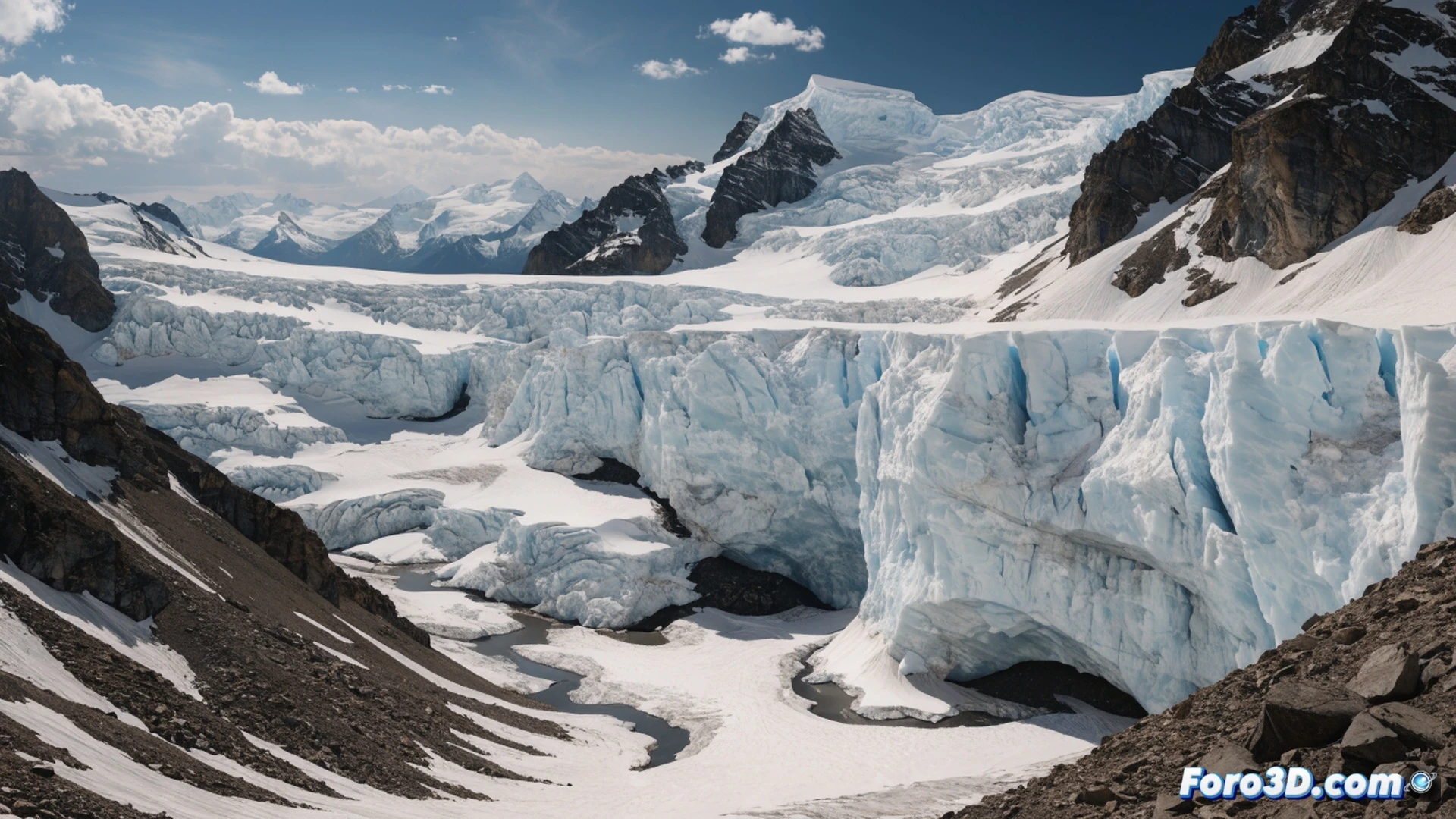 Alpine glacier melting under extreme heatwave, massive ice chunks calving into turquoise meltwater lake, exposed rock faces and crevasses visible, snowline retreating up steep mountain slopes, red digital temperature overlay showing 4.500m zero-degree line across peaks, dry riverbeds downstream with cracked earth, cinematic photorealistic aerial view, dramatic golden hour sunlight casting long shadows, ultra-detailed ice textures, realistic atmospheric haze, high-contrast lighting emphasizing glacial recession, technical climate visualization style