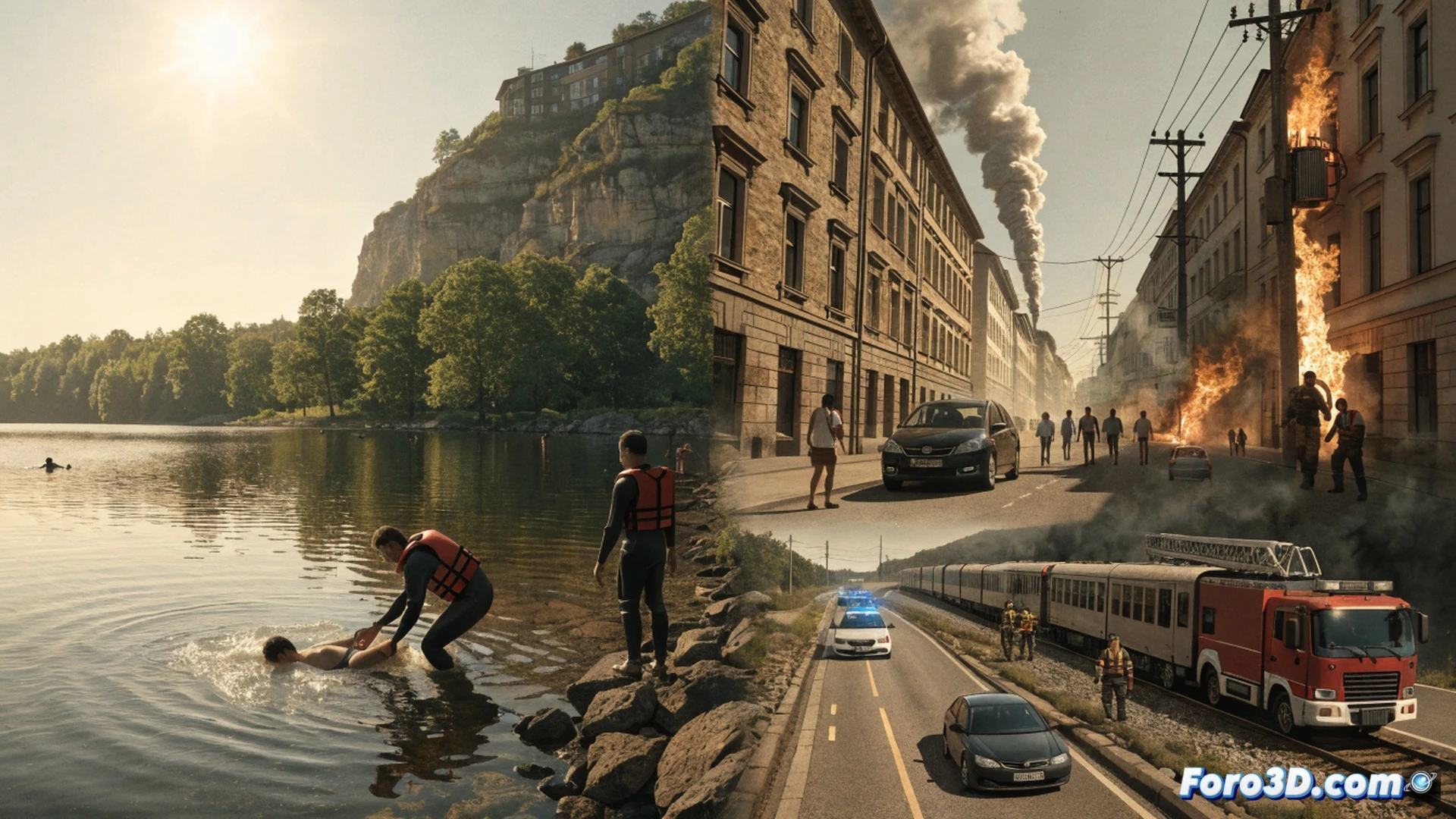 Cinematic photorealistic scene of a blazing German lake at sunset, emergency rescue boat speeding across water, red cross ambulance parked on cracked asphalt shore, fire truck near a smoking electrical transformer, railway tracks warped by heat with stranded train, paramedics carrying a stretcher, lifeguards pulling a swimmer from water, dramatic orange sky, heat haze distorting background, ultra-detailed emergency vehicles, intense sunlight reflections, photorealistic technical illustration