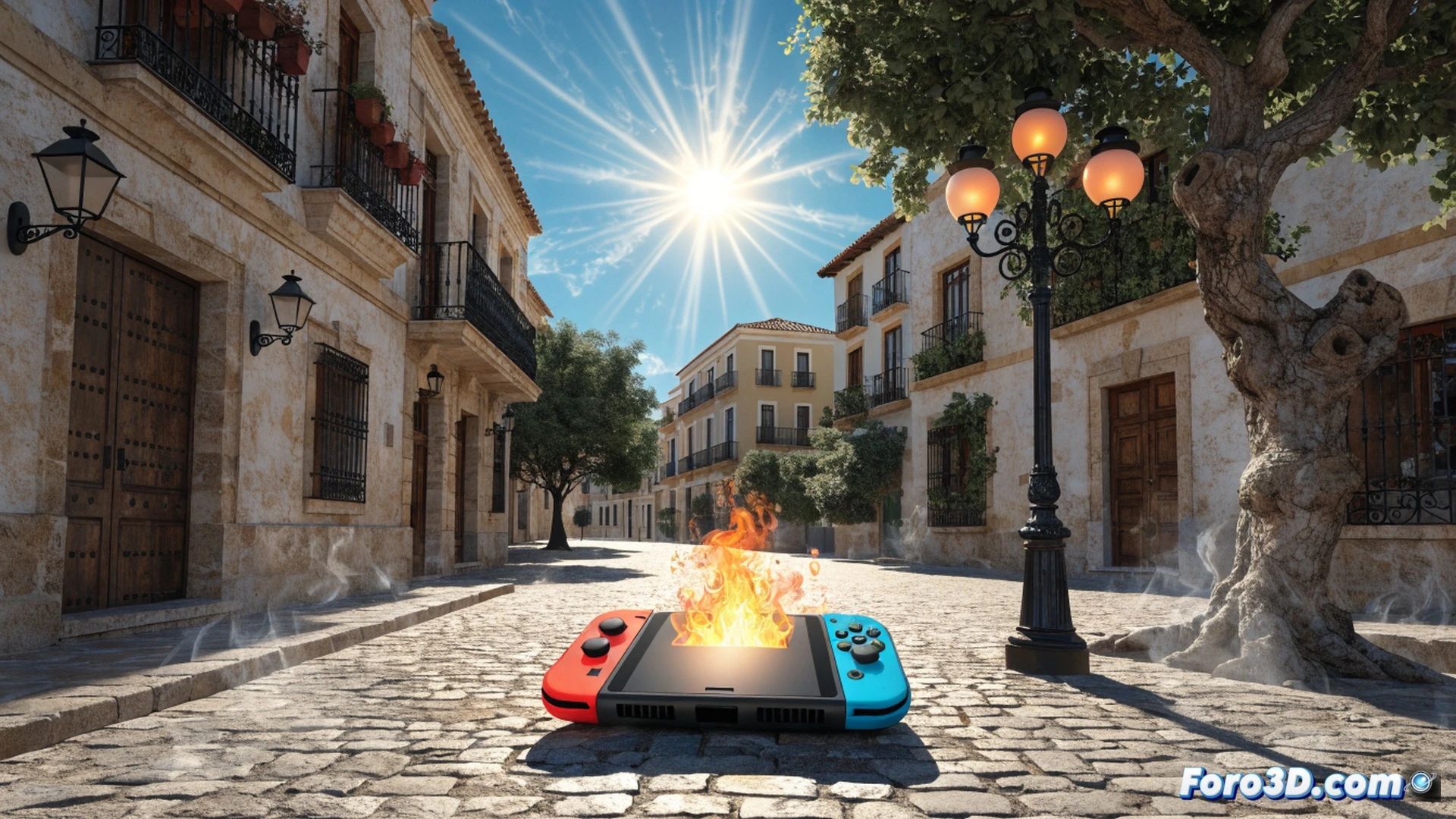 Nintendo Switch console outdoors under intense Spanish sun, digital thermometer showing 44 degrees Celsius on a sandy beach, console screen displaying overheating warning symbol, battery compartment visibly warped from heat, sunlight casting harsh shadows on the device, sand particles sticking to the cooling vents, cinematic photorealistic technical illustration, dramatic golden hour lighting, extreme close-up of thermal damage on plastic casing, realistic heat haze distortion in the air, ultra-detailed hardware texture, engineering visualization style