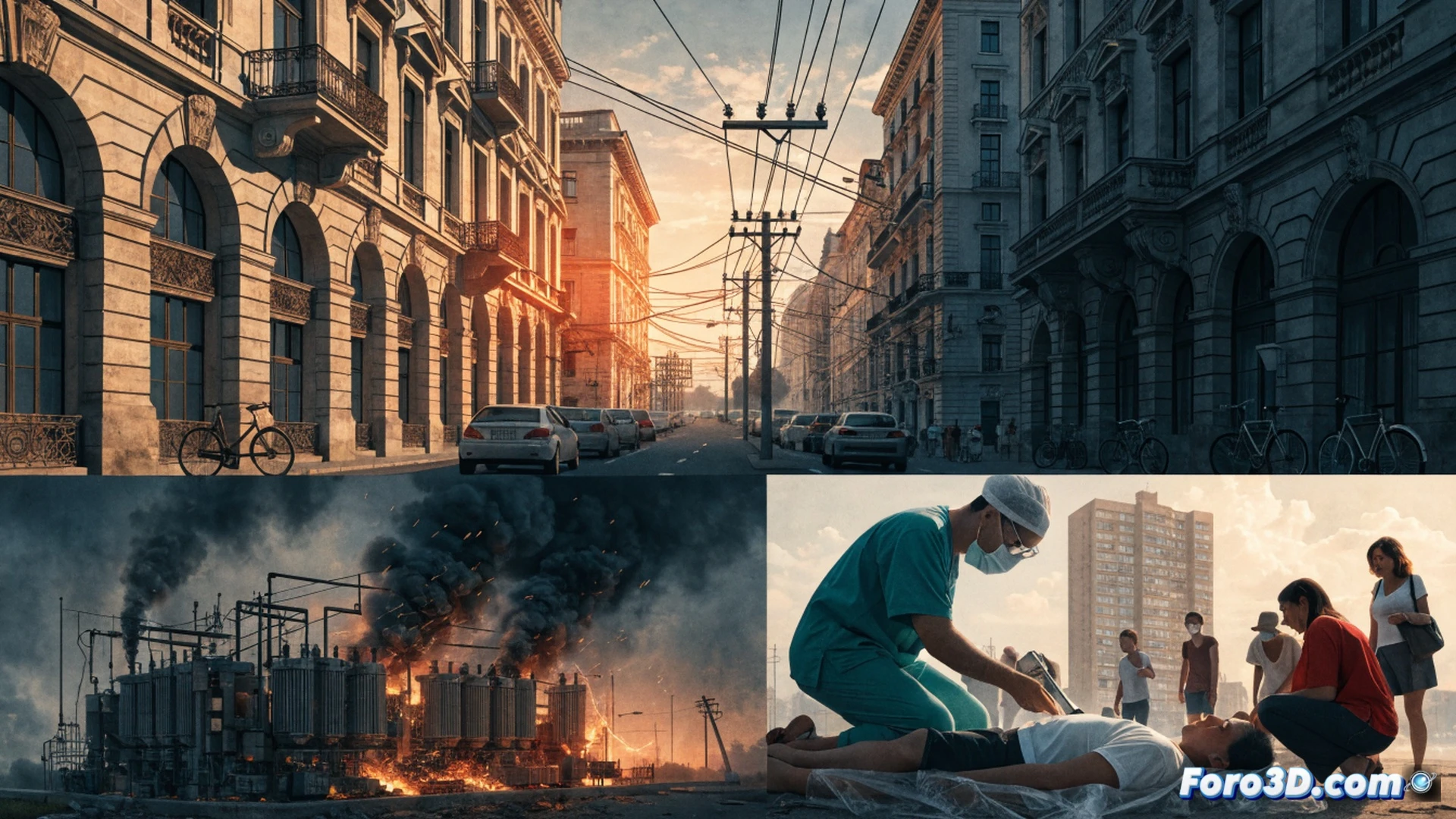 European city street at dusk during a heatwave, an electrical transformer on a pole emitting sparks while a utility worker inspects overheating cables with a thermal camera, a person collapsing from heatstroke on the pavement nearby, another citizen fanning themselves with a document, cracked asphalt under intense sun, emergency vehicle lights flashing in background, cinematic photorealistic engineering visualization, dramatic orange-red sky, heat haze distortion, ultra-detailed urban infrastructure, urgent crisis atmosphere