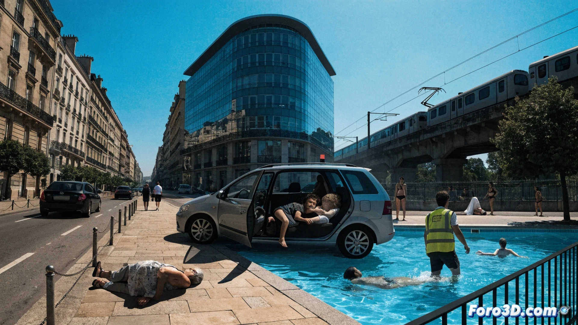 French landscape during extreme heatwave, cracked earth in foreground, distant train tracks warped by thermal expansion, abandoned school building with closed shutters, thermometer showing 44 degrees Celsius melting in sun, abandoned car with child safety seat visible through window, heat haze distorting background trees, emergency services vehicle approaching on empty road, cinematic photorealistic style, golden orange sky with intense sun glare, smoke-like heat waves rising from asphalt, dramatic atmospheric perspective, ultra-detailed environmental destruction, technical heatwave visualization