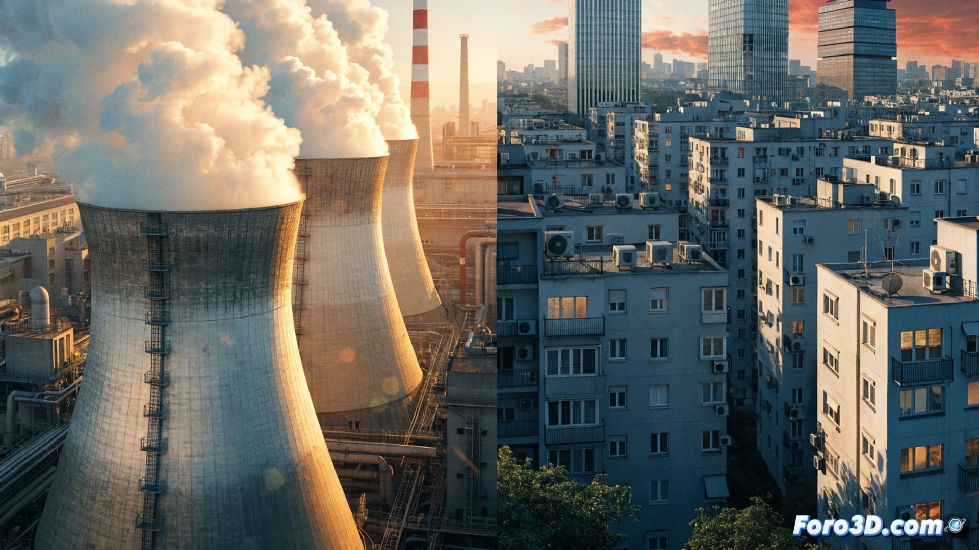 French nuclear reactor cooling towers emitting steam under scorching sun, heat haze distorting industrial landscape, warning lights blinking on control panel showing reactor shutdown sequence, thermometer display exceeding 40 degrees Celsius, two adjacent reactors operating at reduced power with visible steam output decrease, engineers monitoring thermal sensors in control room, cinematic photorealistic visualization, dramatic orange sunset heatwave atmosphere, ultra-detailed concrete cooling structures, metallic pipes with condensation droplets, technical industrial lighting with harsh shadows, hyperrealistic engineering render