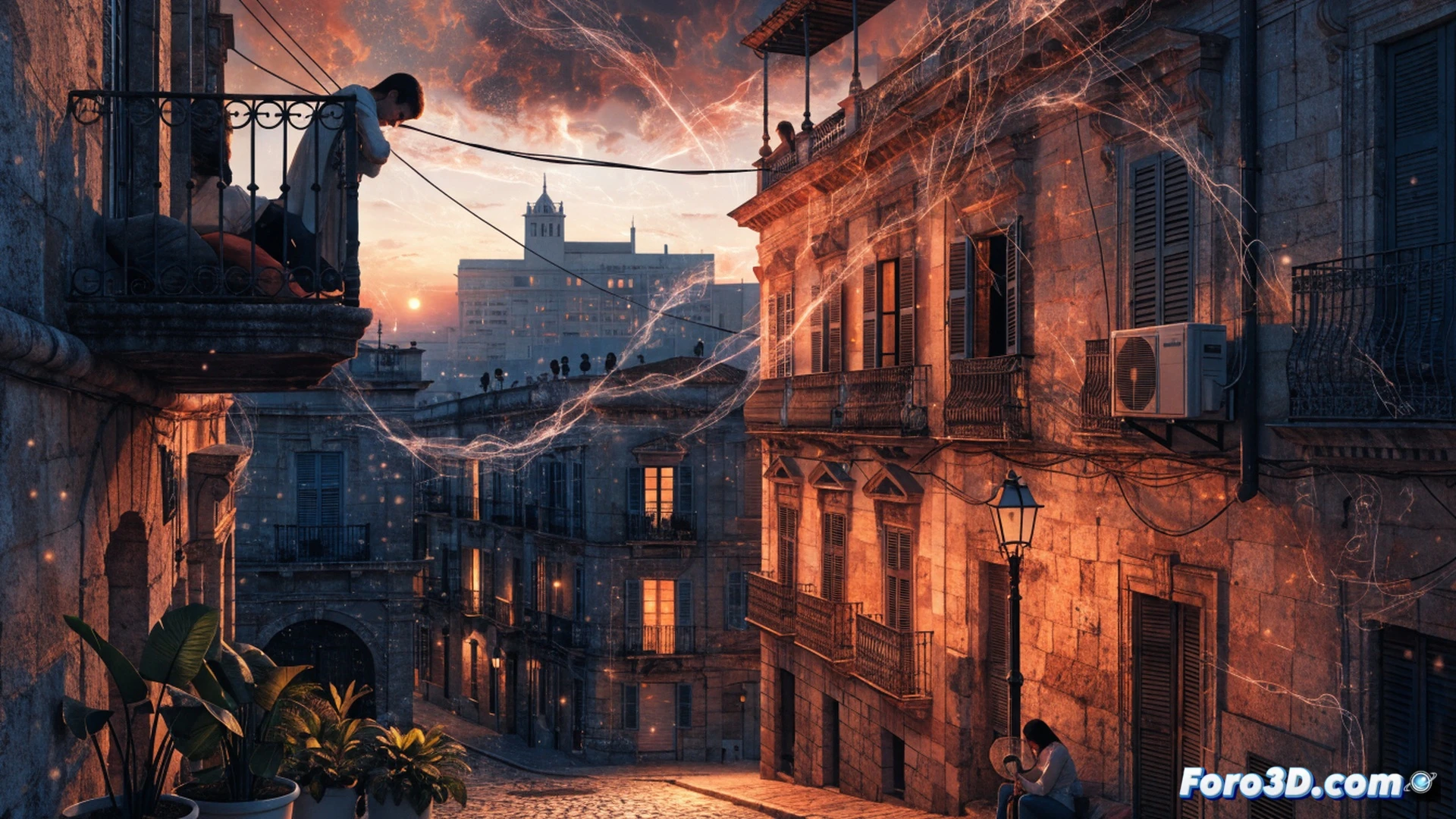 Sevillian street during midday heatwave, asphalt surface visibly warping and shimmering with mirage effect, digital thermometer on building facade displaying 45 grados, elderly person fanning themselves while seeking shade under minimal awning, air conditioning unit on wall dripping condensation, street cat panting near a puddle, cinematic photorealistic style, intense white-hot sunlight casting harsh shadows, heat haze distorting background buildings, realistic urban textures, dramatic climate visualization, hyper-detailed environmental distress