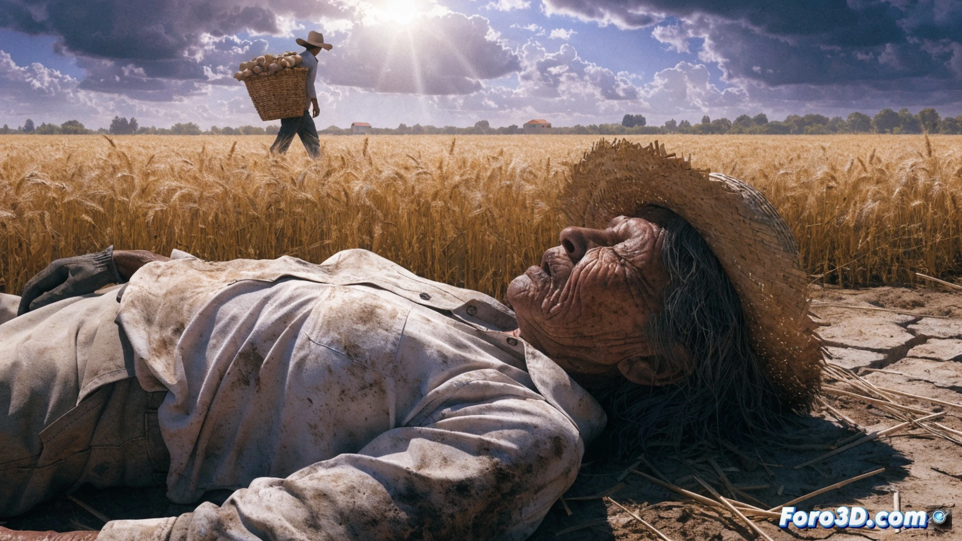 agricultural worker collapsed in sun-scorched olive grove, 66-year-old woman lying on dry cracked earth, empty water bottle beside her, harvest basket overturned, ripe olives scattered, digital thermometer showing 42 degrees celsius glowing red, distant tractor harvesting under harsh sunlight, no shade structures visible, wilted plants in background, cinematic photorealistic style, dramatic harsh midday sun casting long shadows, dust particles in air, hyper-detailed textures of dry soil and wrinkled skin, realistic human exhaustion posture, industrial farming equipment in heat haze, emotional documentary photography aesthetic, ultra-wide angle lens effect, heat distortion waves visible, no text or numbers in image
