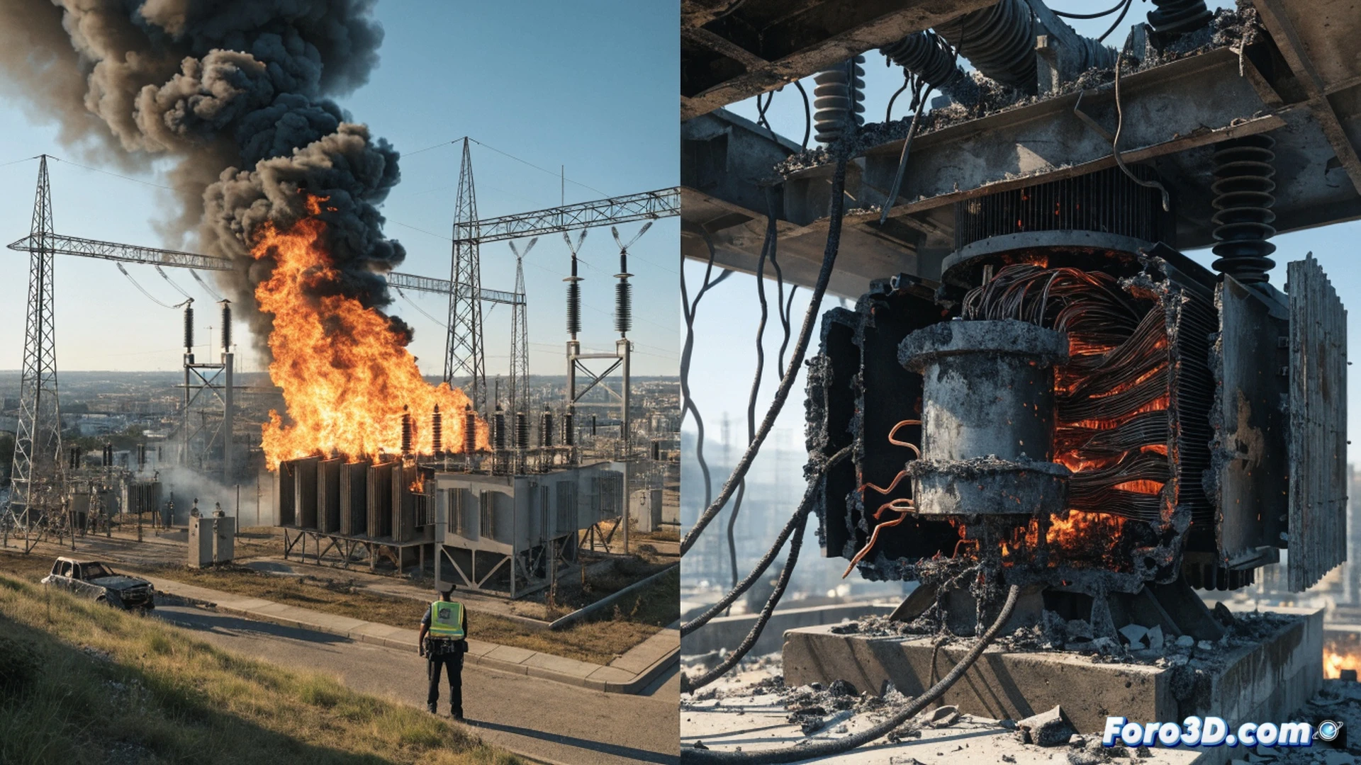 Germany electrical transformer station fire during extreme heatwave, smoke rising from overloaded power equipment, scorched metal casing glowing orange from internal short circuit, melted insulation dripping from high-voltage cables, emergency response vehicle with flashing lights in background, cracked asphalt from intense heat, cinematic photorealistic technical illustration, dramatic industrial lighting, realistic fire and smoke effects, ultra-detailed electrical components, charred transformer oil spill on ground, power lines sagging dangerously, hyperrealistic engineering visualization