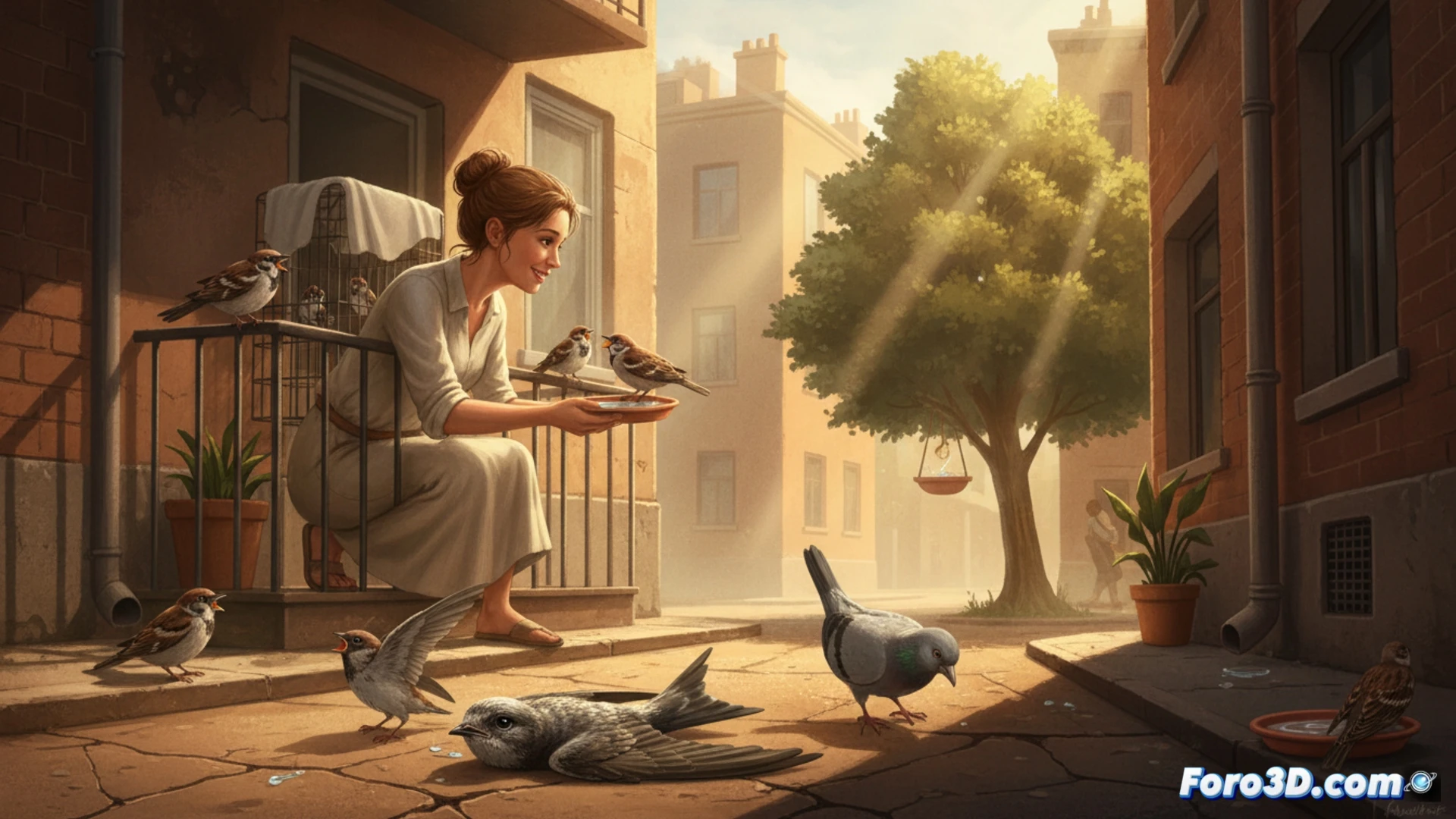 fotografía realista de una paloma urbana bebiendo de un recipiente de barro poco profundo en una acera de asfalto caliente al atardecer, mientras el sol intenso crea ondas de calor visibles sobre el hormigón, sombras alargadas de edificios, plumas erizadas del ave mostrando estrés térmico, pequeñas gotas de agua salpicando el suelo seco, fondo de ciudad española con toldos y persianas bajadas, iluminación cálida y dramática, textura granulada del pavimento, estilo documental cinematográfico, alta definición