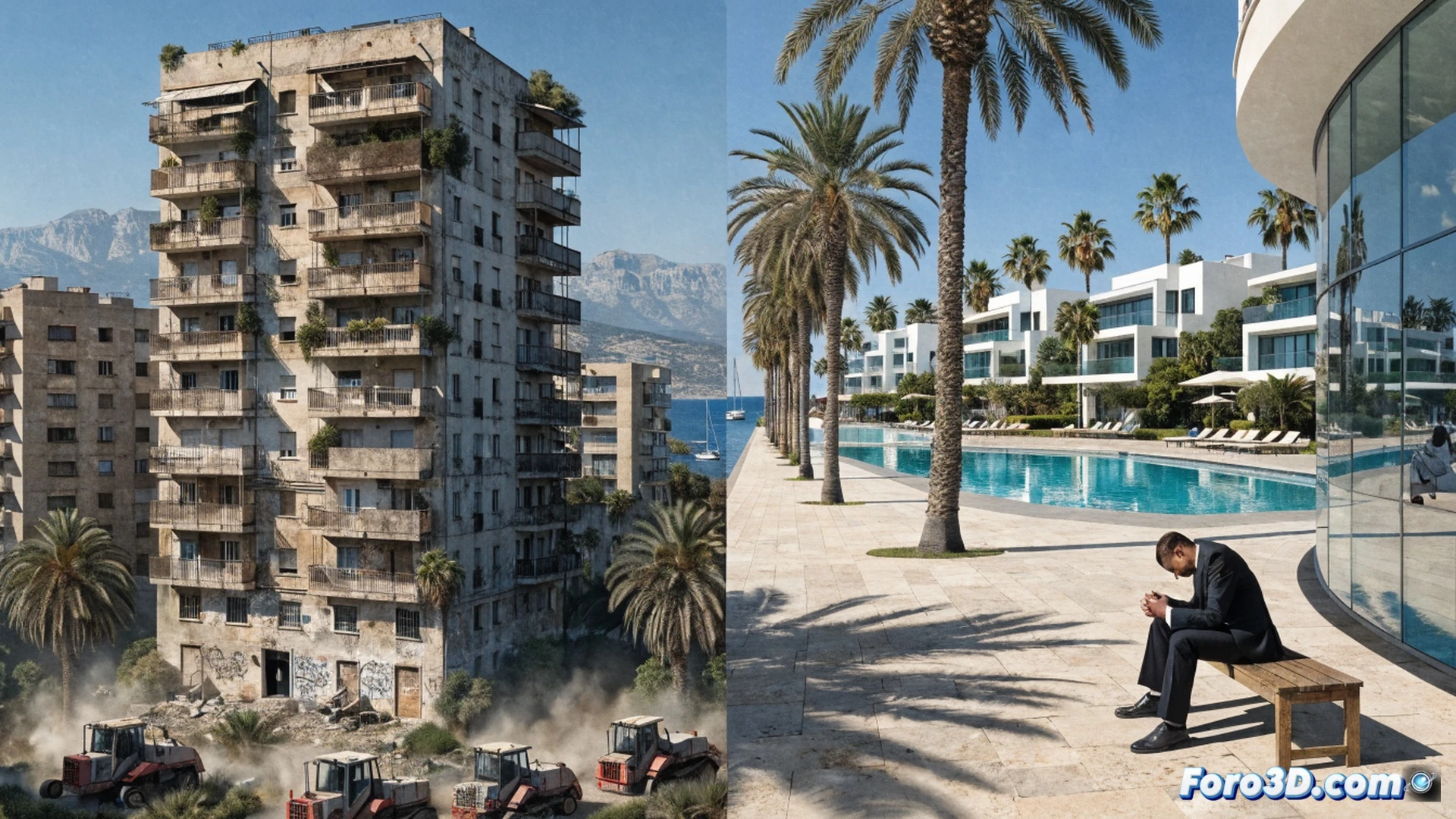 Mallorca urban heat island effect, residential buildings with black tar roofs absorbing sunlight, small patch of dry park surrounded by construction cranes and cement trucks, a single person standing on a balcony holding a portable fan while staring at a digital thermostat showing extreme temperature, cracked earth and dying palm trees in foreground, cinematic photorealistic style, dramatic golden hour light casting long shadows from high-rise apartments, hazy smog layer over the city, contrast between concrete jungle and shrinking green zones, ultra-detailed architectural textures, heat wave distortion waves rising from asphalt streets, wide-angle urban landscape composition
