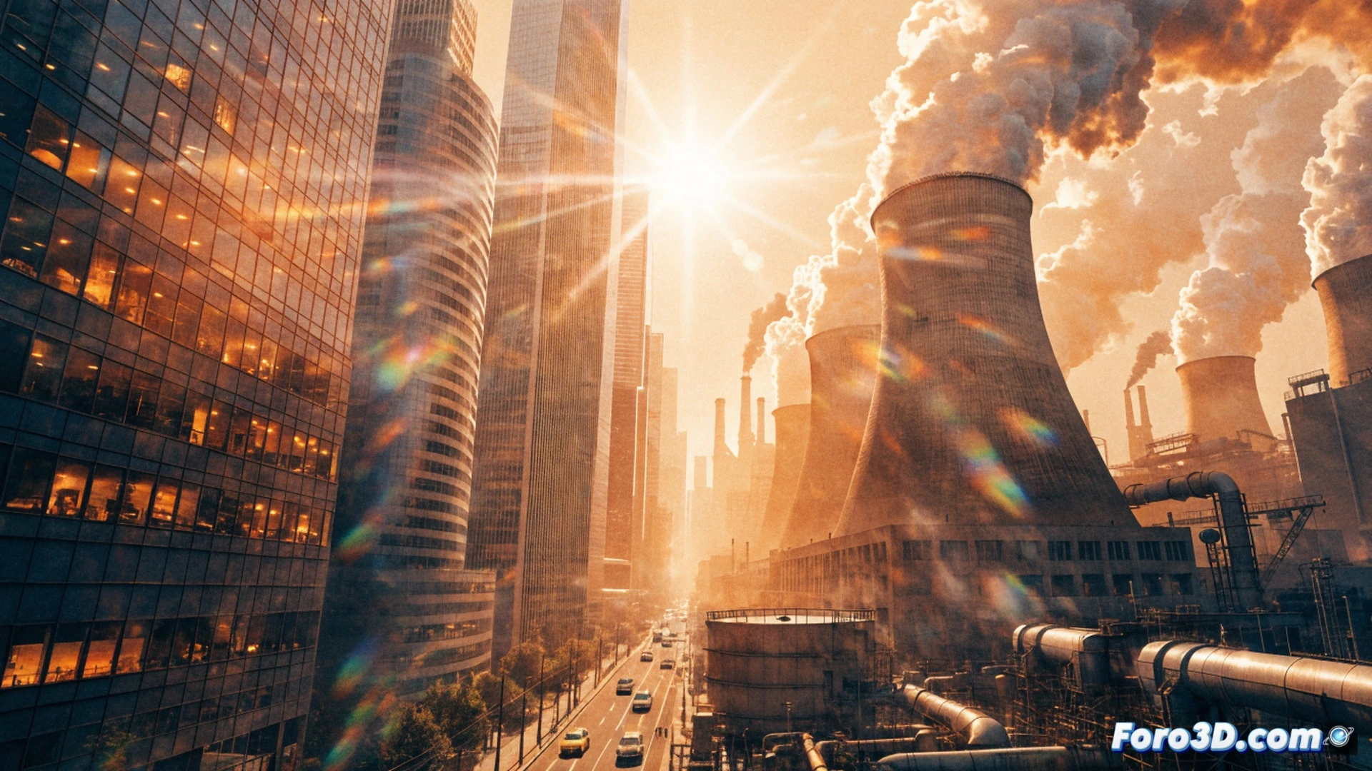 photorealistic cinematic scene of a cracked, dry landscape under a blazing sun, a large industrial thermometer embedded in the ground shattering as the mercury column bursts upward, while in the background a glowing power plant emits black smoke and a wind turbine stands frozen and motionless, a magnifying glass held by an invisible hand focuses sunlight onto a fossil fuel pipeline, causing it to ignite and burn, dramatic high-contrast lighting, intense heat haze distorting the air, deep orange and red color palette, engineering visualization style, ultra-detailed textures of metal and glass, action of destruction and neglect