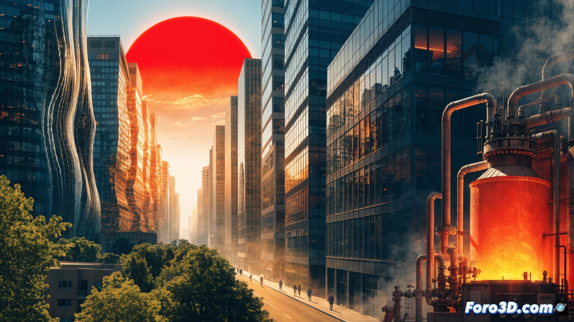 urban heat island aerial view, asphalt streets radiating visible heat waves, small trees wilting in concrete planters, a family fanning themselves on a rooftop with no shade, while in the background a government building facade shows a broken air conditioning unit, a technical illustration style with infrared thermal overlay showing red hotspots on fossil fuel pipelines running beneath the city, photorealistic cinematic render, dramatic golden hour sunlight, hazy smog layer, contrast between scorched urban grid and distant green park, ultra-detailed textures of cracked pavement and rusted metal vents