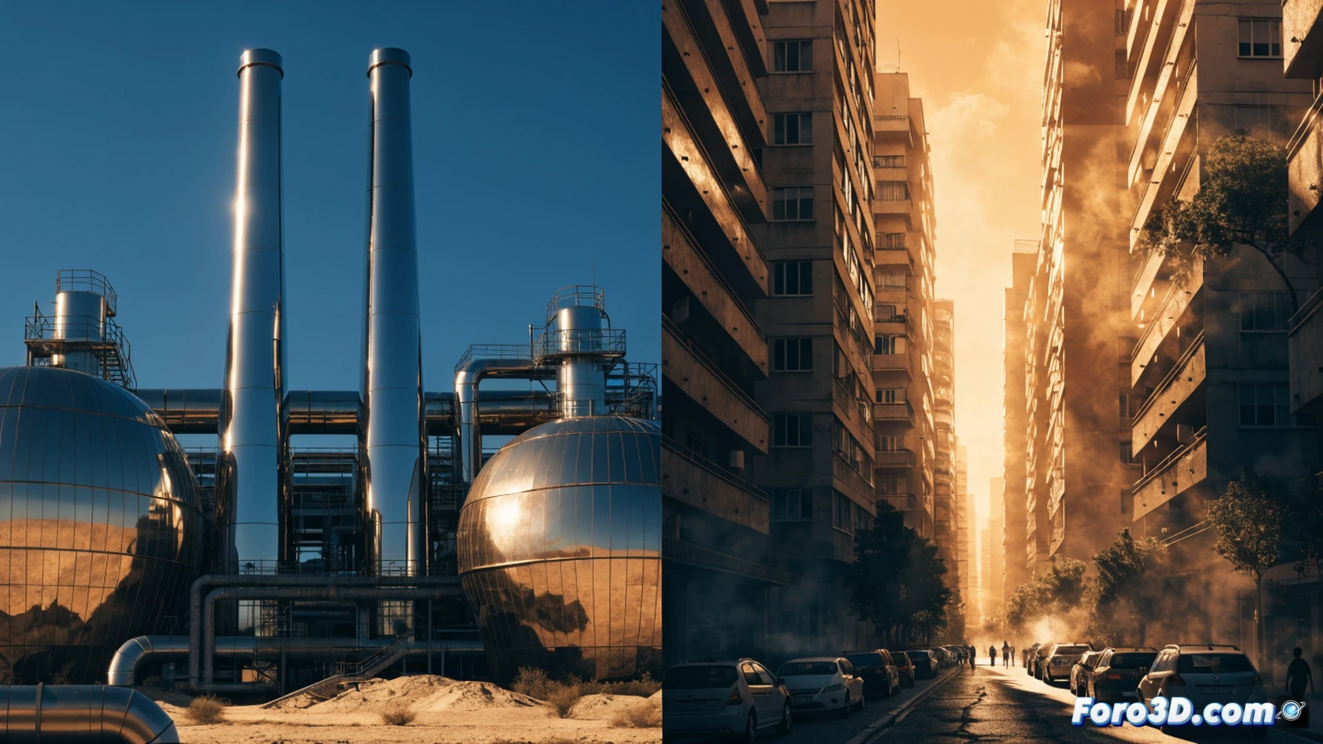 urban heat island effect visualization, cracked asphalt street under scorching sun at 45 degrees Celsius, elderly person fanning themselves while sitting near a malfunctioning digital thermometer display showing red alert icon, children drinking from a public water fountain with low pressure, air conditioning units on building facades overheating and emitting steam, heatwaves distorting air above a factory chimney releasing fossil fuel smoke, cinematic photorealistic technical illustration, dramatic golden-hour lighting with harsh shadows, infrared heat map overlay fading into realistic textures, ultra-detailed urban infrastructure, emergency warning signs on lampposts, no text or numbers visible