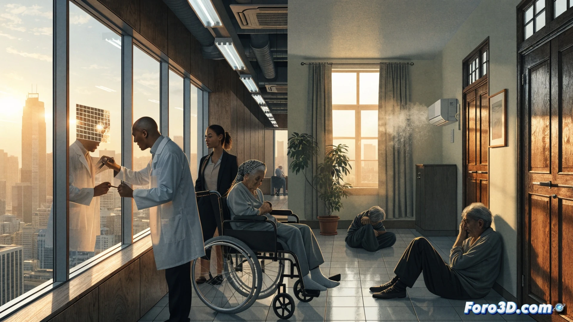 Cinematic aerial view of a cracked urban heat island, elderly person in a wheelchair under a flimsy shade structure, while a digital dashboard on a nearby pole displays rising temperature alerts and broken cooling system icons, a small handheld fan lies discarded on the ground, contrasting with a distant billboard showing a green corporate sustainability logo, photorealistic technical illustration, harsh sunlight casting deep shadows, heat haze distorting the background, metallic pavement reflecting glare, realistic thermal simulation overlays showing red zones around the wheelchair, ultra-detailed environmental textures, dramatic climate visualization