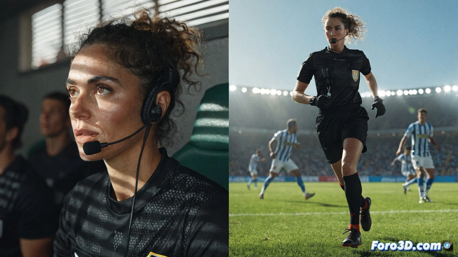 football referee woman in black uniform running across green pitch, holding yellow card in raised right hand, silver whistle in left hand, second division match in progress, blurred players in red and blue jerseys in background, stadium floodlights illuminating the scene, dynamic running posture with focused expression, sideline assistant referees visible, professional football atmosphere, cinematic sports photography style, photorealistic render, dramatic side lighting, deep shadows, high contrast, motion blur on players, crisp focus on referee, wide-angle lens effect, realistic grass texture