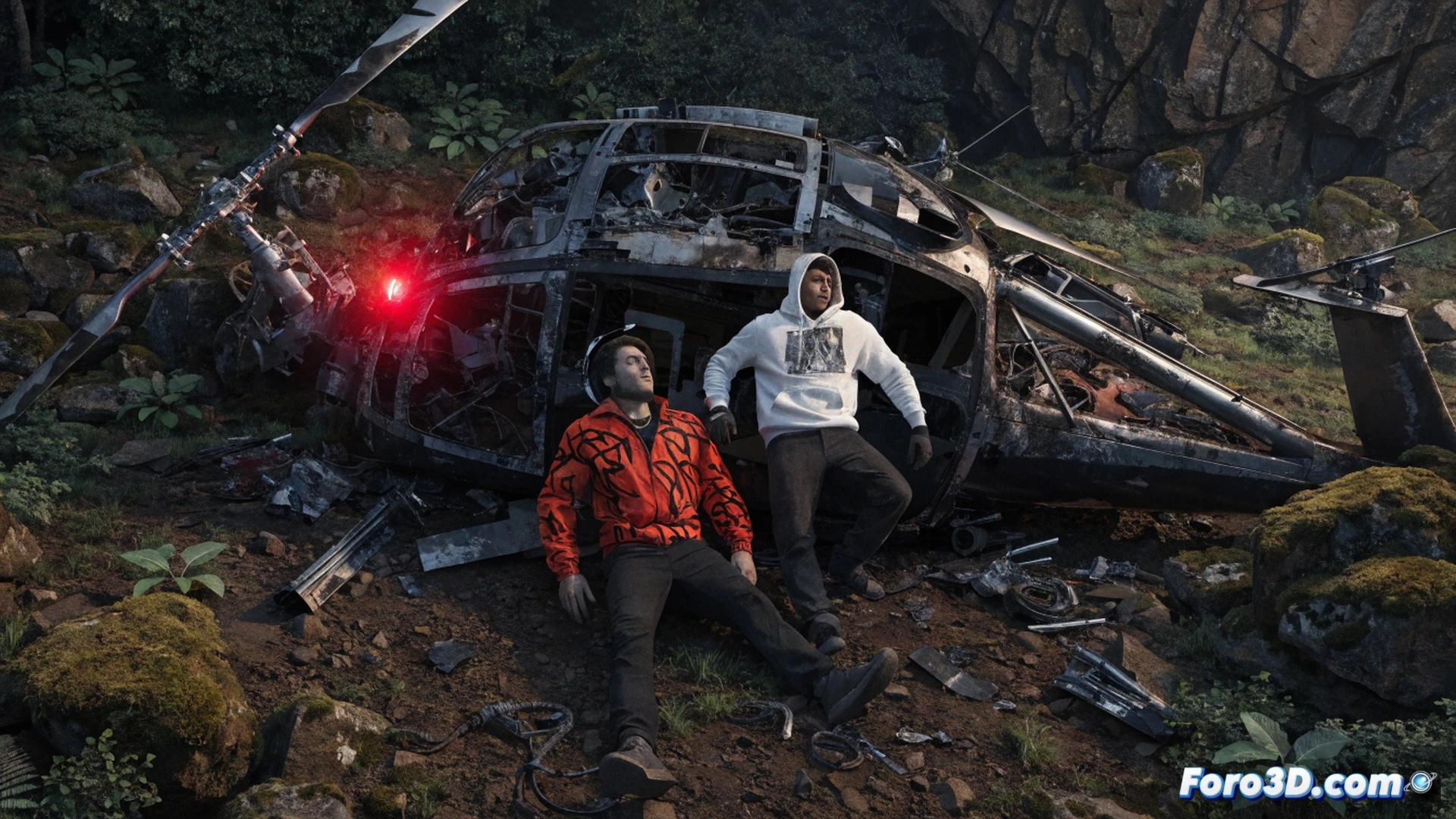 Explosion de helicóptero en selva tropical, fuselaje retorcido y humo negro elevándose, restos metálicos esparcidos entre árboles densos, hélices rotas incrustadas en el suelo, llamas anaranjadas consumiendo componentes electrónicos y asientos destrozados, dos siluetas humanas visibles entre los escombros, escena de impacto violento, iluminación dramática con rayos de sol atravesando el humo, estilo cinematográfico fotorrealista, texturas de metal carbonizado y vegetación quemada, ángulo bajo mostrando la magnitud del desastre, atmósfera densa y trágica