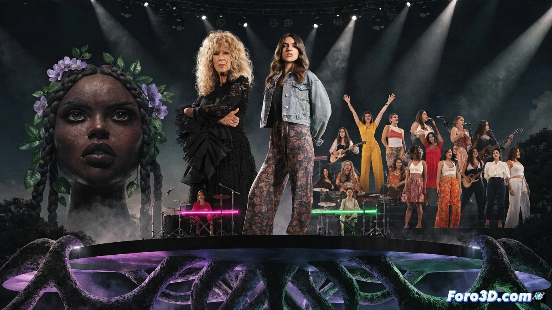 Olivia Rodrigo onstage at Daisy Chain Fields festival, handing a giant check to women's rights activists while Stevie Nicks and Bikini Kill perform behind her, microphone in hand, crowd cheering with raised fists, stage lit in purple and gold, donation banners visible, feminist symbols on guitar straps, cinematic photorealistic concert scene, dramatic lighting, confetti falling, action of empowerment and giving, ultra-detailed crowd energy, professional festival photography style