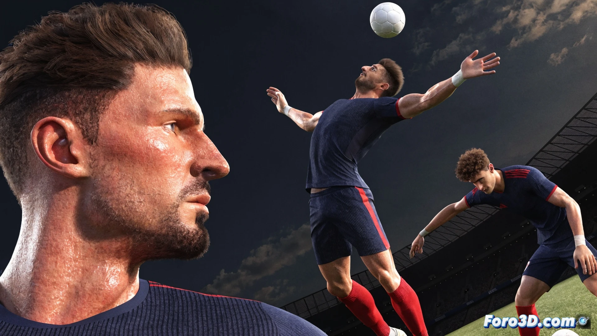 Olivier Giroud silhouette in 3D tactical analysis software, freezing mid-air during a powerful header while two defenders jump nearby, glowing yellow trajectory lines showing his movement path into the box, red heatmap overlay on his torso indicating aerial dominance zones, transparent wireframe skeleton highlighting neck and shoulder muscle engagement, dark green football pitch background with penalty area markings, cinematic technical illustration, realistic player textures, dynamic action pose, soft stadium lighting, hyperdetailed anatomy render