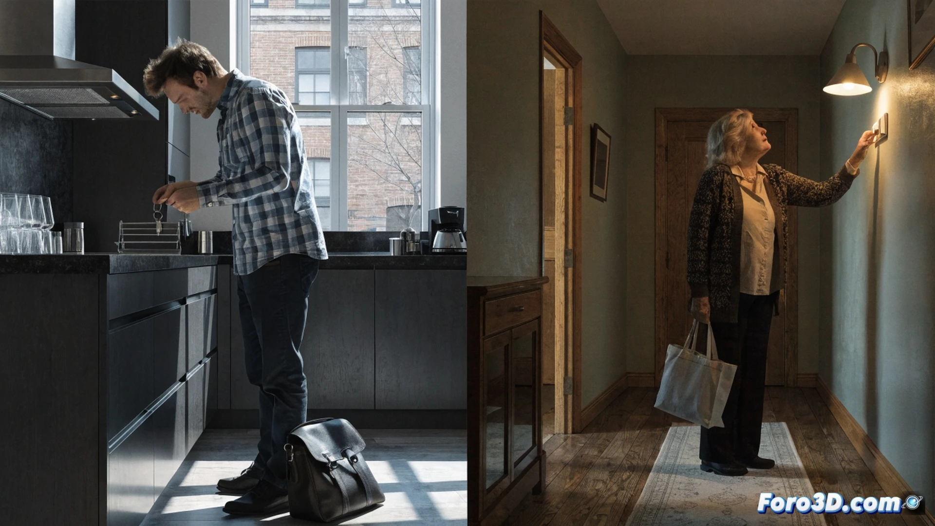 an elderly hand placing a set of car keys on a kitchen counter while another hand holds a smartphone showing a brain MRI scan, a calendar on the wall with dates crossed out, a clock showing a single hour repeatedly, a half-filled coffee cup abandoned on a table, a walking cane leaning against a chair, soft clinical lighting, photorealistic medical illustration, contrasting sharp focus on the keys versus blurred background, cinematic composition, demonstrating the difference between normal forgetfulness and disruptive memory loss, clean white kitchen environment, ultra-detailed textures on skin and objects