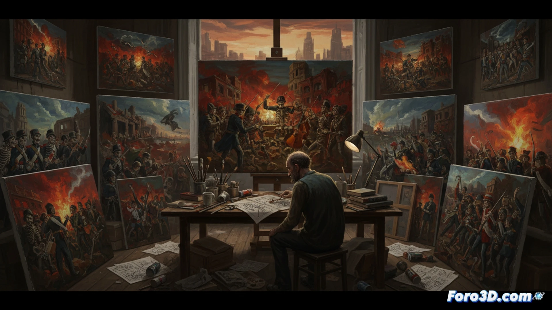 oil painter standing before a large canvas, brush in hand applying thick strokes to a chaotic war scene with skeletal figures, digital tablet beside showing animation timeline with 4.5-minute runtime and 75 frame markers, paint-splattered studio desk with reference photos of historical battles and modern protests, cinematic dramatic lighting from window, photorealistic technical illustration, fine art oil texture visible on canvas, brush tip loaded with red pigment mid-stroke, scattered paint tubes and palette knives, intense focused expression on artist face, ultra-detailed studio environment