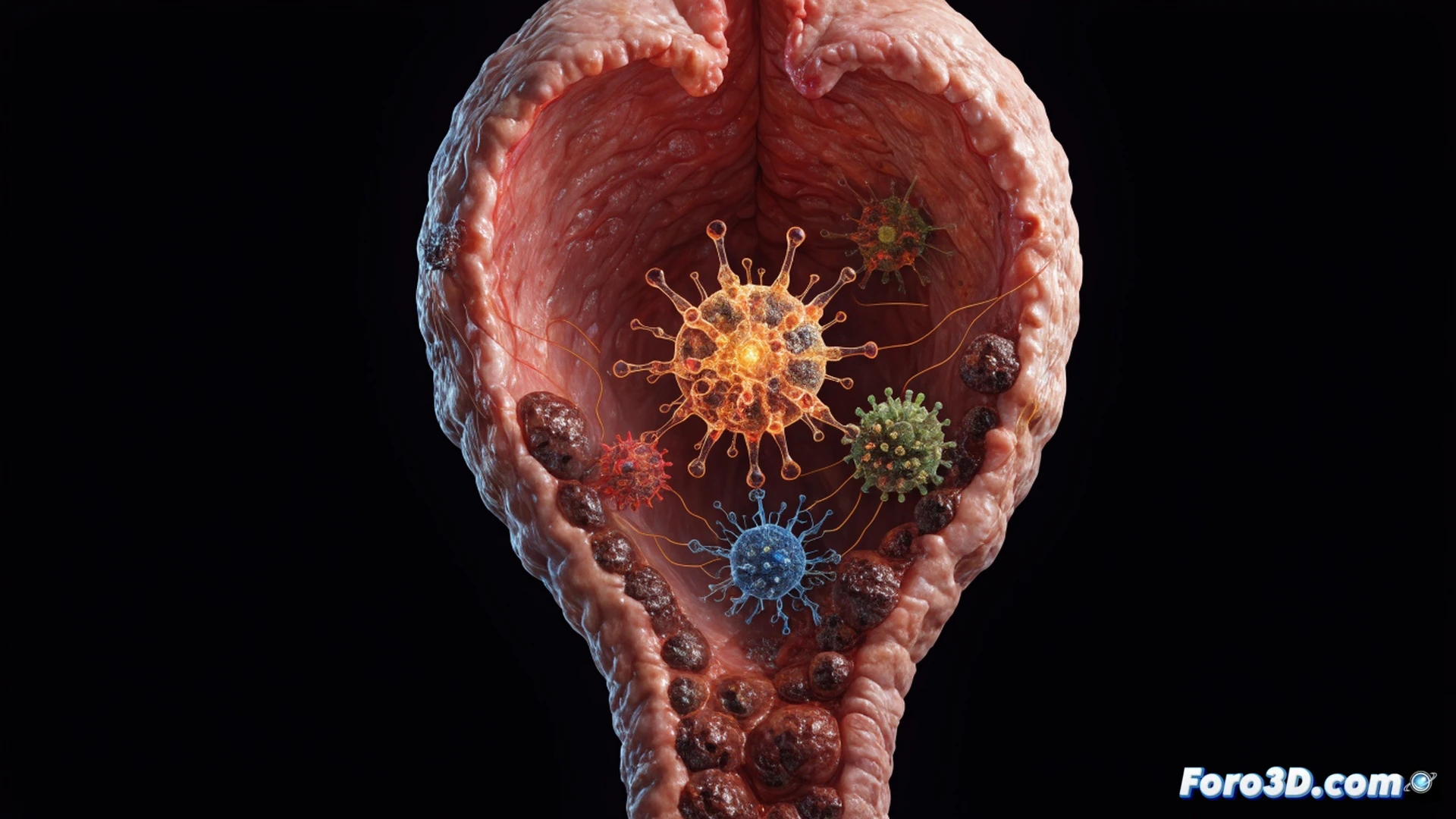 oncolytic virus particles entering esophageal cancer cells through membrane fusion, viral capsids releasing genetic material into cytoplasm while cancer cell nucleus shows signs of apoptosis, microscopic battlefield scene with glowing viral vectors targeting tumor tissue, detailed cellular structures with membrane receptors being engaged, technical medical illustration style, high magnification view showing virus-to-cell binding process, photorealistic cellular biology render, dramatic lighting with blue viral particles against warm orange cancer cells, precise scientific visualization
