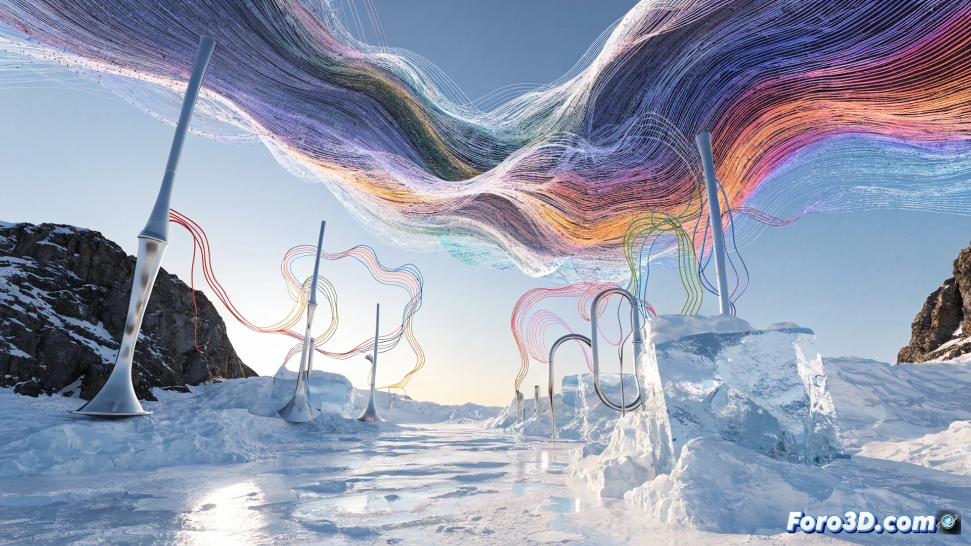 Antarctic research station interior at night, scientist adjusting radio receiver equipment while cosmic wave data streams across a holographic screen, waveforms visually morphing into musical notes and bird-like patterns, cables connecting to a synthesizer device, glowing aurora visible through frost-covered window, action of translating space signals into sound, cinematic scientific visualization, cold blue and neon green lighting, reflective surfaces, photorealistic technical render, ultra-detailed lab instruments