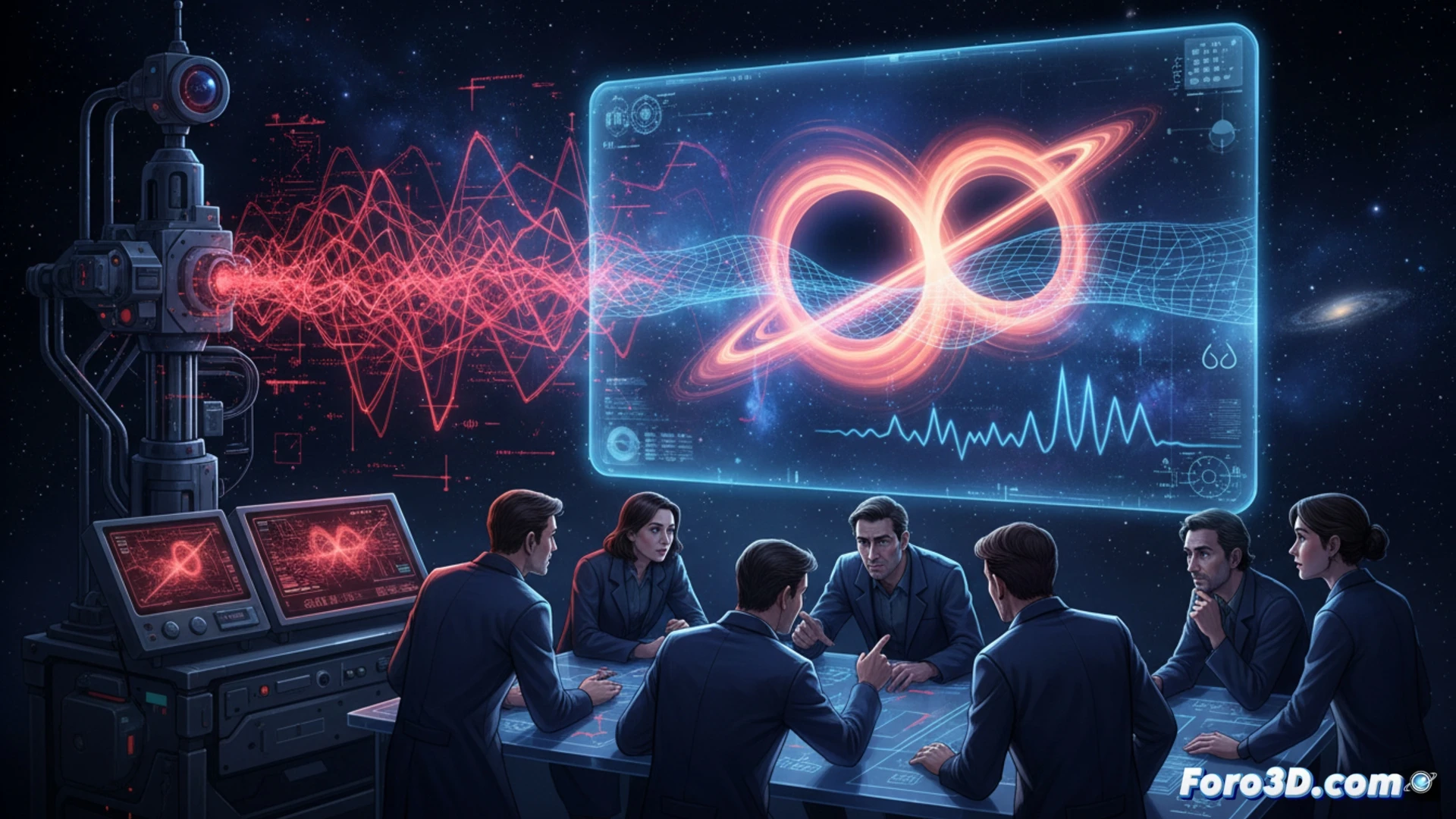 Visualización 3D de ondas gravitacionales con anomalía Glitch Espectral en señal de LIGO