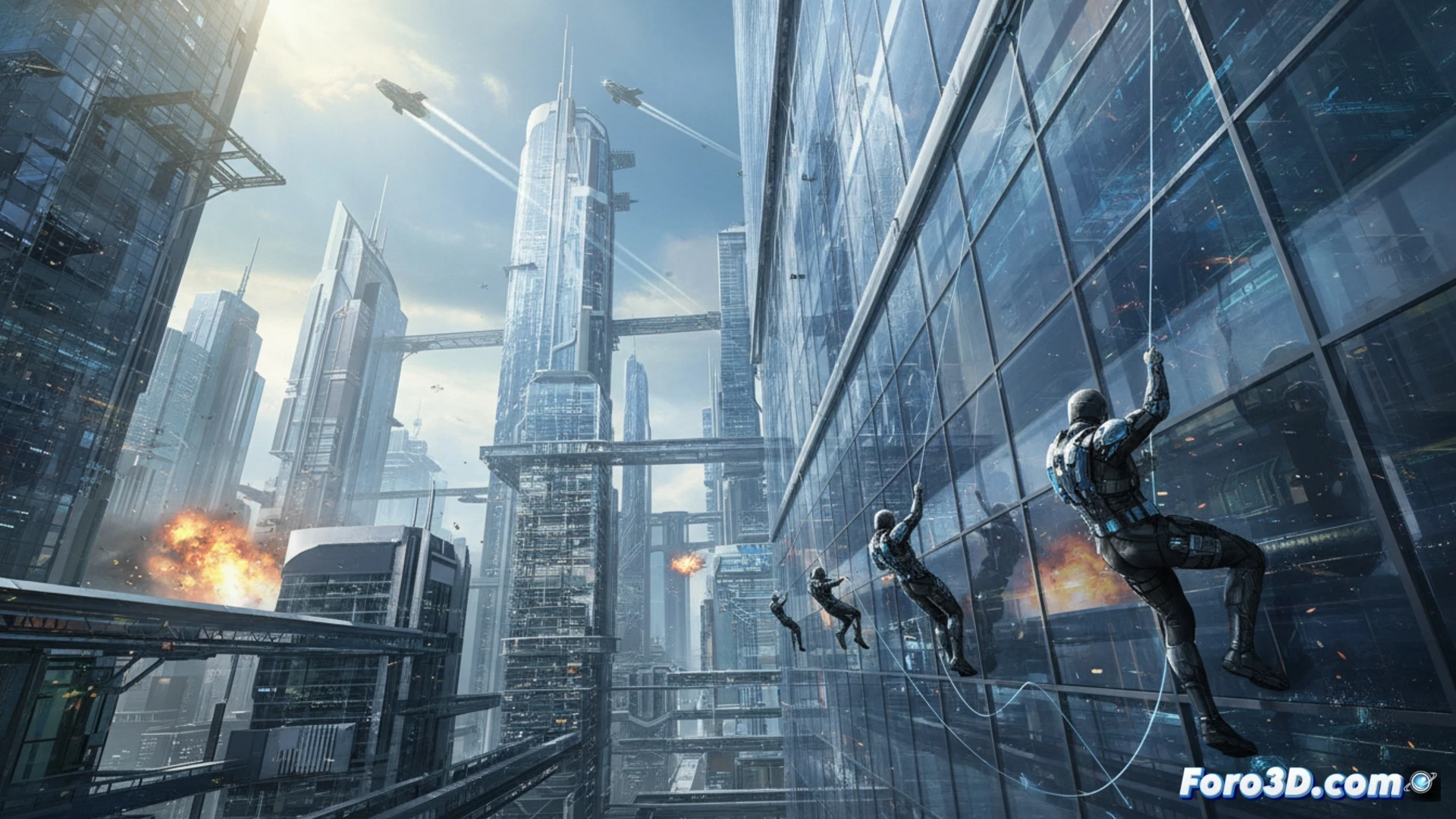 spy agent in dark suit performing fluid combat move inside a photorealistic digital environment, holographic interface panels floating around showing wireframe city models and data streams, motion capture markers visible on suit during action sequence, cinematic technical visualization, blue and orange neon lighting from digital screens, realistic skin texture under dramatic shadows, ultra-detailed fabric folds, particle effects from hologram projections, smooth motion blur capturing mid-kick, photorealistic engineering render