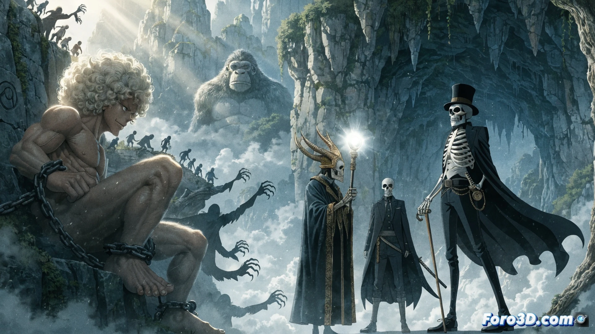 gigantic warrior tree of Elbaph with ancient runes glowing on its bark, mechanical chains wrapping around giant children cages suspended from branches, a shadowy figure with star-shaped control lines manipulating a giant puppet, Brook’s ice sword clashing against a corrupted Gunko’s arrow, Imu’s silhouette reflected in a cracked mirror, cinematic engineering visualization, dramatic storm clouds with lightning, detailed wood texture, metallic chain links, glowing rune symbols, photorealistic fantasy render, high contrast lighting, motion blur on combat action