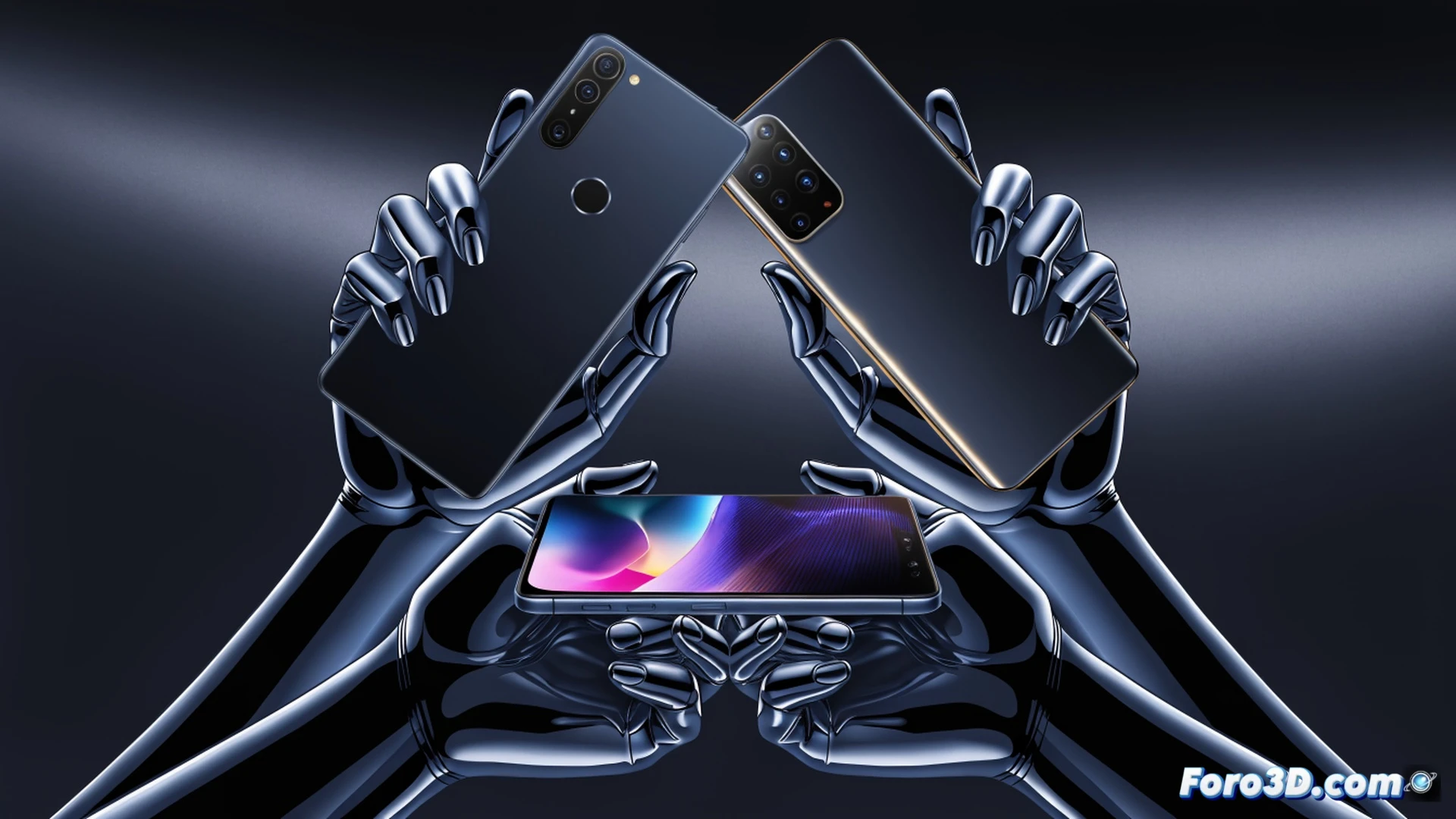 Three smartphone shells merging into one unified device on an assembly line, robotic arms disassembling OnePlus and Realme logos while Oppo branding is applied, circuit boards being fused together under a microscope, software code streams collapsing into a single interface, cinematic engineering visualization, cold metallic surfaces, blue industrial lighting, sparks during logo removal, glowing data transfer cables, photorealistic technical illustration, dramatic shadowing, ultra-detailed motherboard components