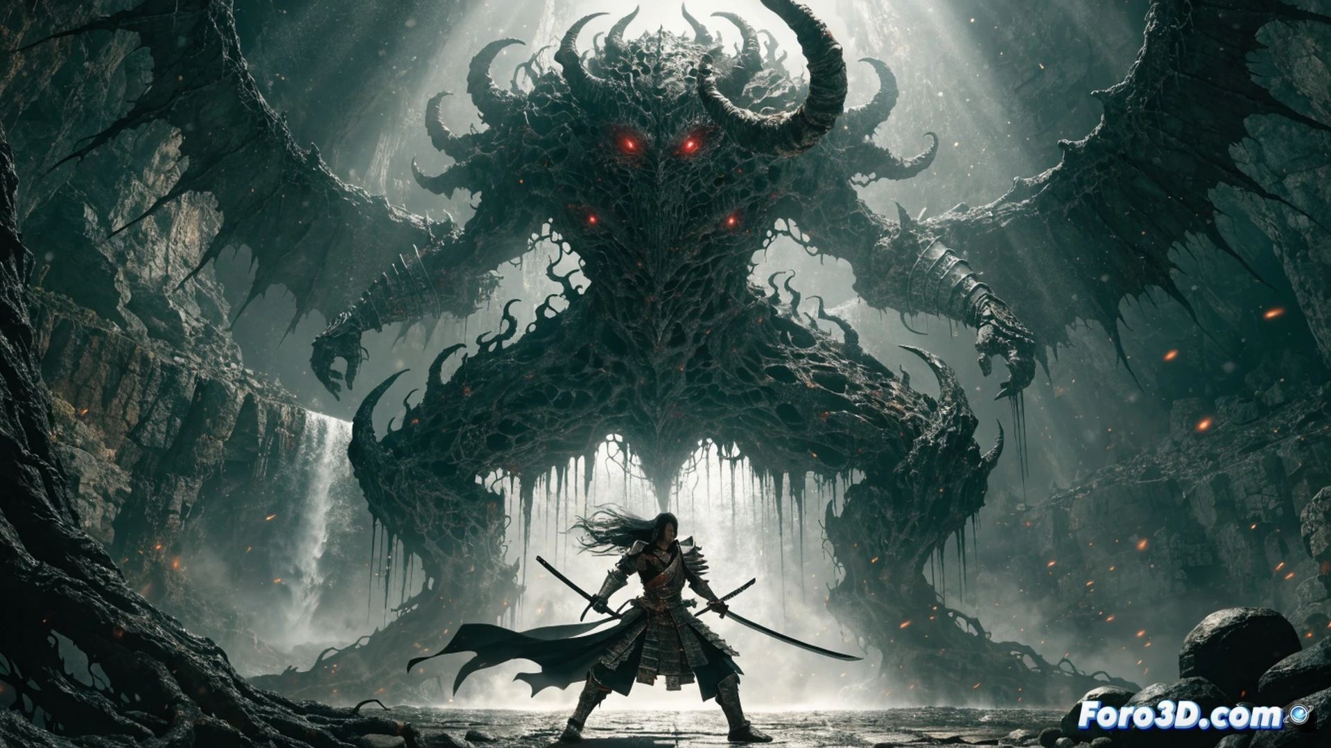 Onimusha warrior mid-sword clash with a glowing Oni gauntlet, blocking a powerful demon strike while sparks fly from the blade edge. Behind him, a transparent UI overlay shows a difficulty slider moving from Easy to Hard, with a lock icon on advanced combat skills. The scene demonstrates the demo’s modified tutorial mode versus the final game’s progressive challenge. Cinematic photorealistic render, dark feudal Japanese temple interior, dynamic action pose, motion blur on the demon’s claw, mystical blue energy particles, dramatic side lighting, ultra-detailed armor textures, technical illustration style.