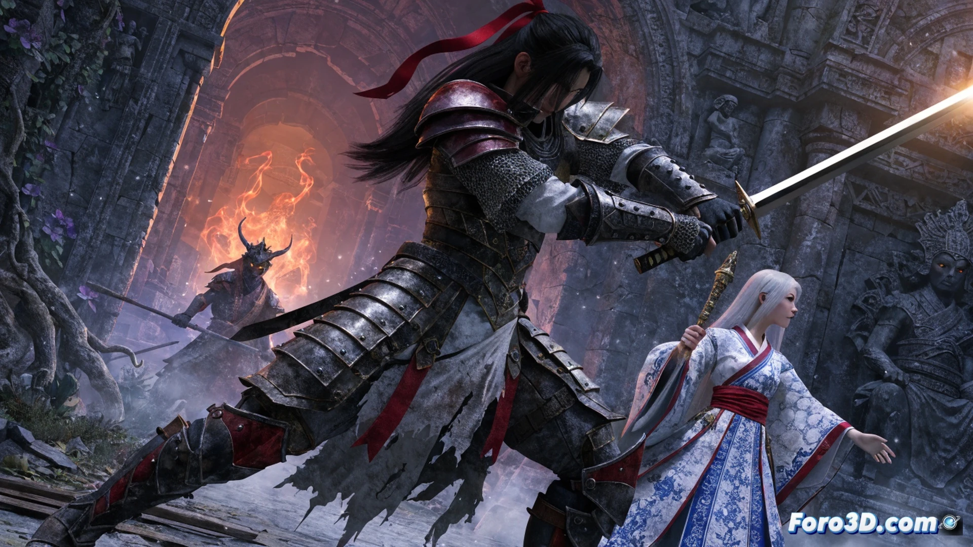 cinematic wide shot of a samurai warrior in feudal Japanese armor charging forward with a glowing katana through a swarm of demonic creatures, glowing blue spectral energy trailing from the blade, traditional Japanese castle ruins in background, dark storm clouds and lightning overhead, photorealistic technical illustration, detailed armor textures with metallic reflections, particle effects of dust and ember, dramatic side lighting, ultra-detailed character model, high contrast shadows, intense combat action sequence