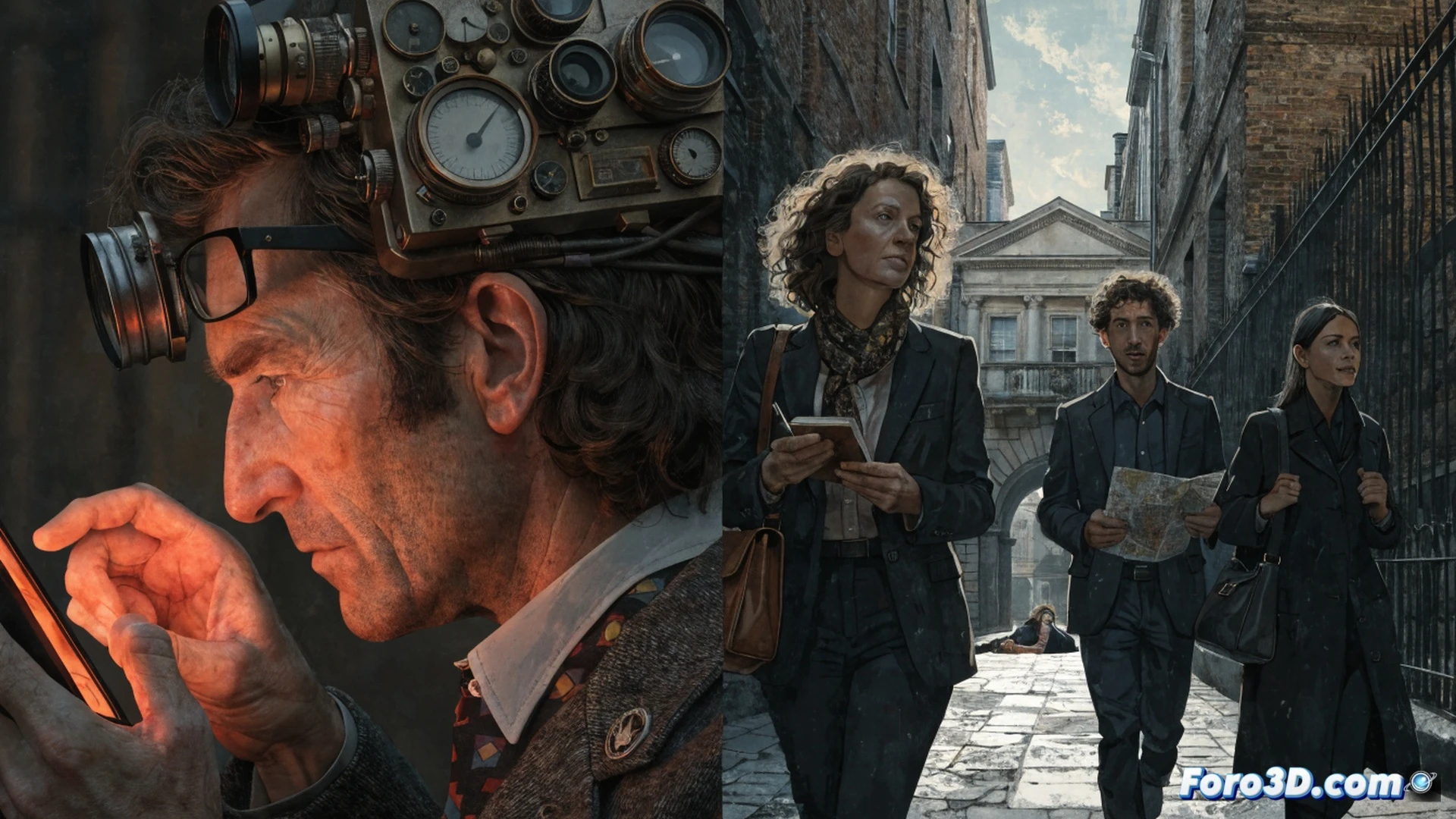 three detectives in trench coats examining a vintage film camera on a foggy London street, one holding a magnifying glass over the lens, another pointing at a cryptic note taped to a lamppost, while a third adjusts a professional DSLR with a telephoto lens, crime scene tape in background, Big Ben faintly visible through mist, cinematic night photography, high-contrast shadows, wet cobblestones reflecting streetlights, photorealistic technical illustration, forensic investigation aesthetic, dramatic noir lighting, ultra-detailed camera equipment