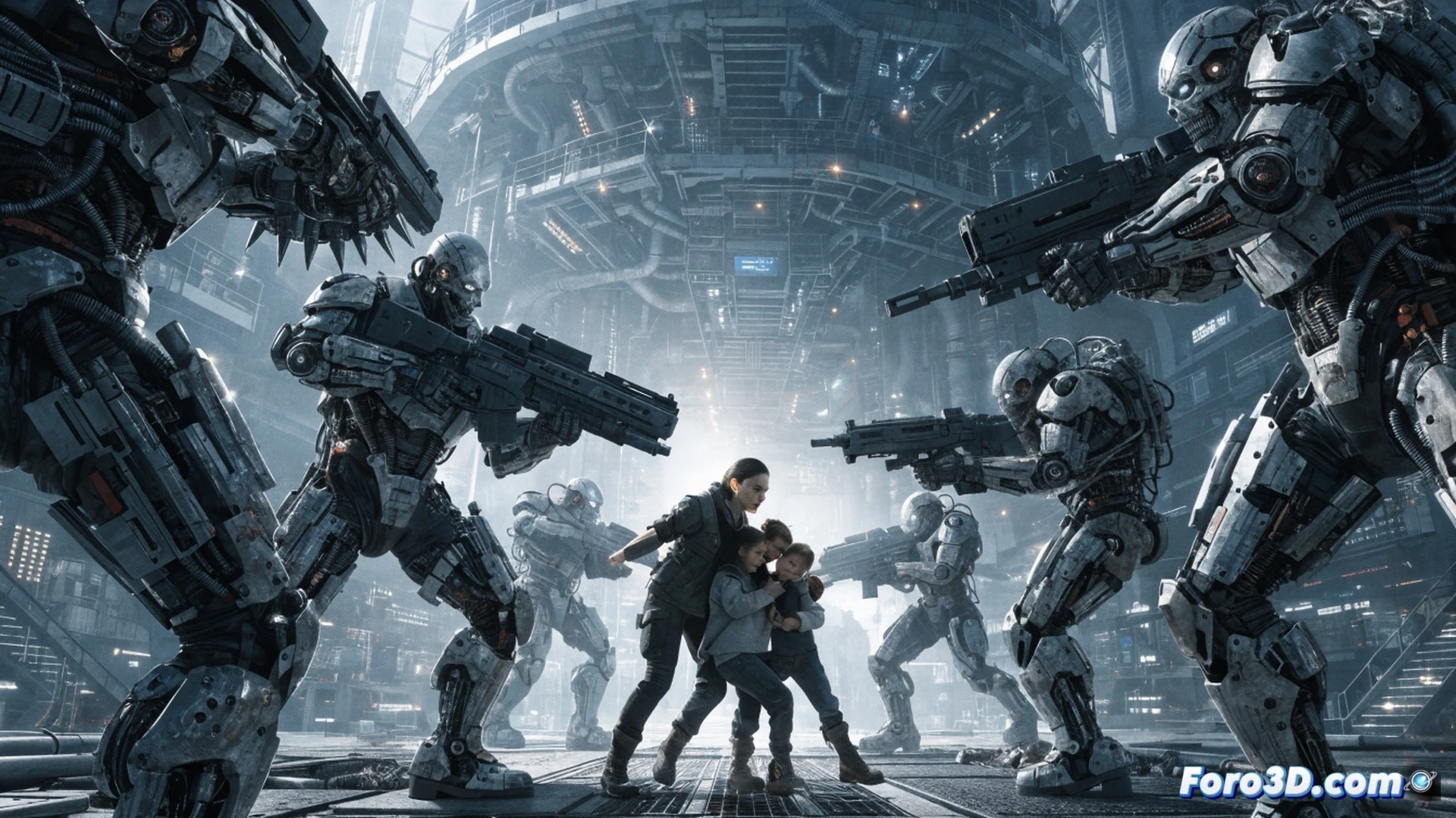 cinematic action scene of a determined mother in tactical gear leaping sideways while firing a high-tech rifle, her body mid-air with motion blur, cyborg soldiers with glowing red eyes and exposed metallic limbs charging forward, sparks flying from bullet impacts on armored cybernetic joints, industrial warehouse background with flickering fluorescent lights, debris and dust particles suspended in the air, photorealistic technical illustration, dramatic lighting with cool blue and warm orange contrast, intense kinetic energy, detailed weapon mechanics and cyborg exoskeleton components, slow-motion effect capturing the split-second clash of maternal instinct and machine aggression