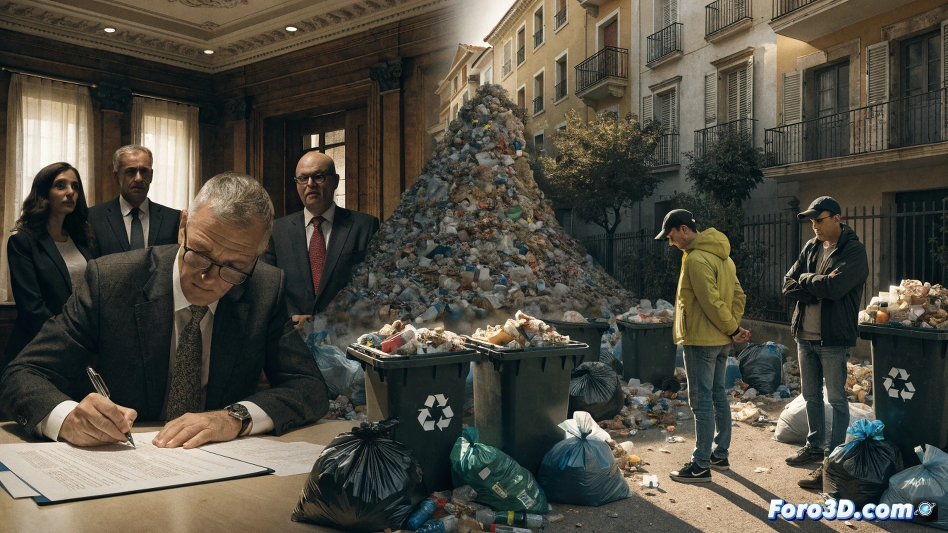 photorealistic technical illustration of a municipal waste collection scene in Ontinyent, overflowing green garbage bins on a cobblestone street, a digital tablet showing a rejected petition with 5000 signatures, city council chamber in background with voting buttons labeled only in red and green, a single hand pressing red reject button while citizens protest outside window, garbage truck stuck in traffic with delayed pickup schedule visible on dashboard screen, cinematic lighting contrasting sterile council room with chaotic street waste, ultra-detailed textures of bin lids, plastic bags, and weathered asphalt, dramatic shadows emphasizing neglect, engineering visualization style with precise urban infrastructure details