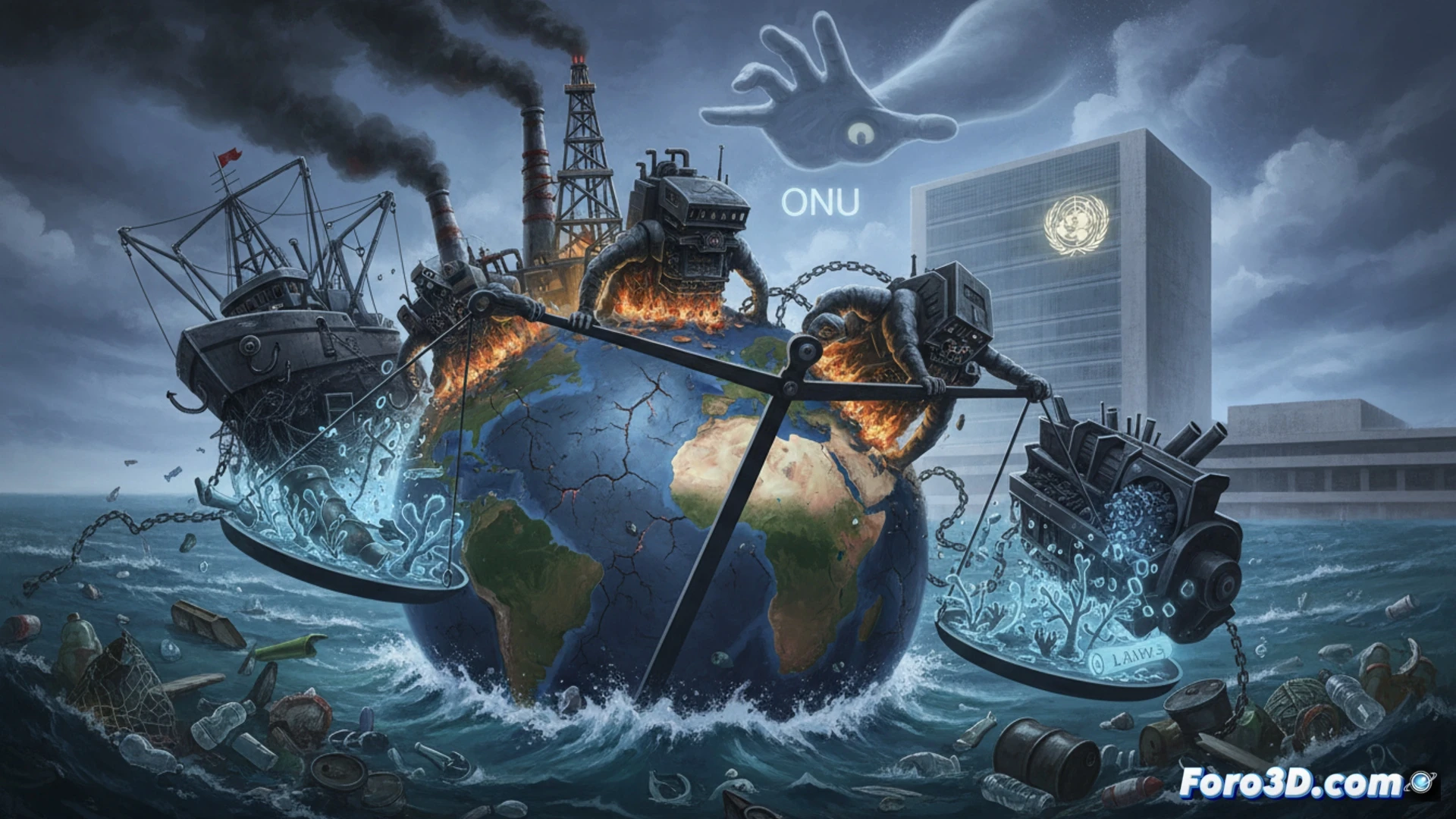 photorealistic ocean surface split in two layers, above calm blue water with plastic debris floating, below dark abyss showing a massive ship anchor chain dragging across a coral reef, crushing marine life, while a scale model of a law book sits unbalanced on the anchor, tipping over as a heavy industrial fishing net pulls it down, cinematic underwater lighting, murky green water with suspended microplastic particles, dramatic contrast between bright surface and deep shadow, ultra-detailed mechanical chain links and net fibers, technical illustration style