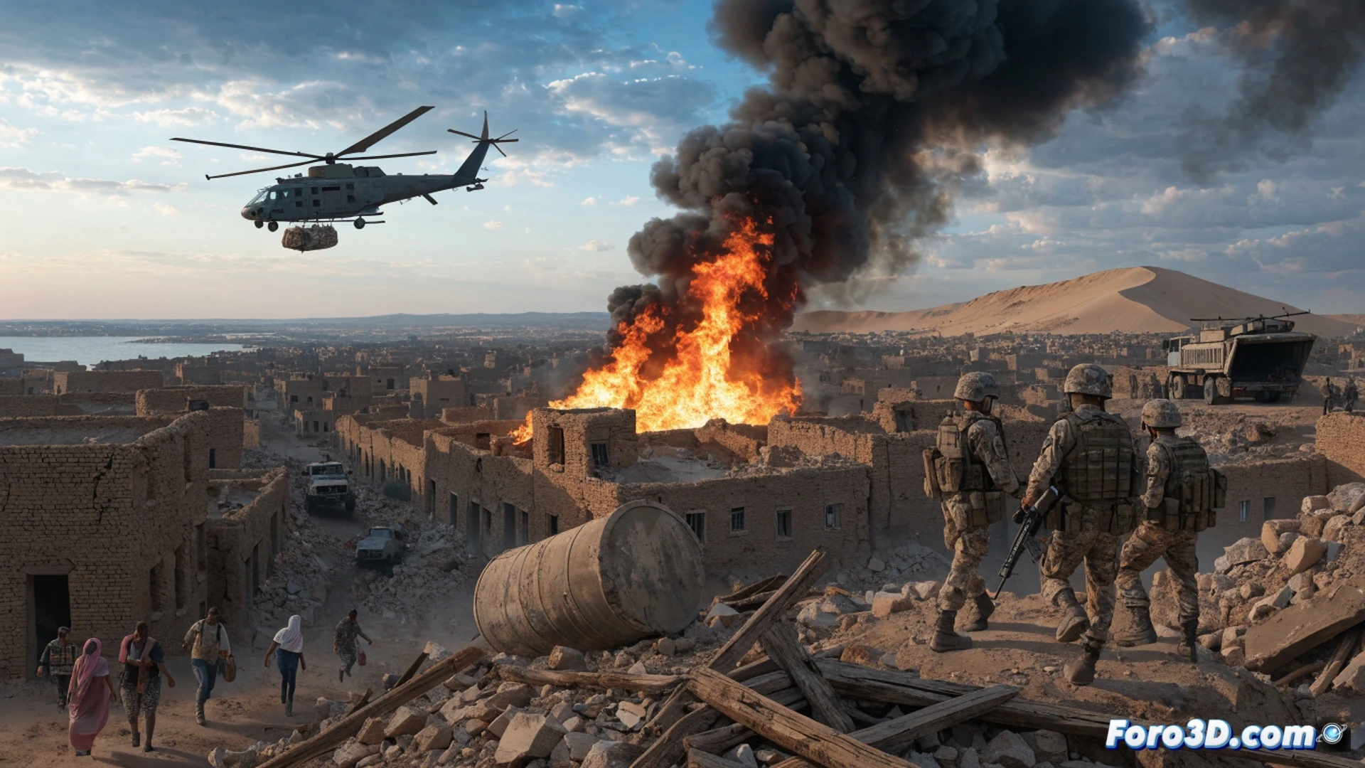 Aerial view of a dusty Sudanese city with military convoys entering from the desert horizon, armed vehicles surrounding a central market, civilians fleeing towards a damaged hospital, smoke rising from a collapsed water station, red cross markings on a white tent, photorealistic cinematic wide shot, harsh sunlight casting long shadows, dust particles in the air, destroyed infrastructure showing broken concrete and twisted metal, humanitarian crisis visualization, dramatic tension, ultra-detailed urban warzone scene, technical report illustration style