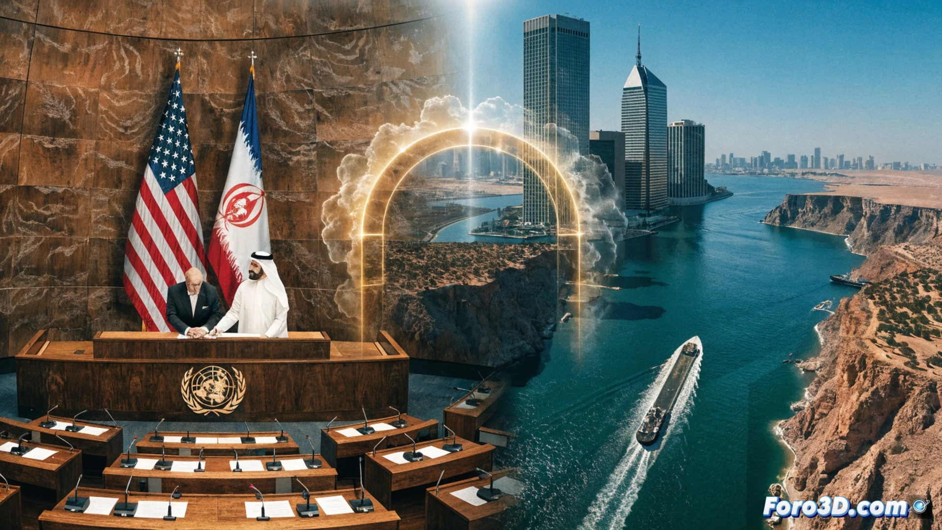 Photorealistic cinematic scene of a diplomatic negotiation table inside a UN assembly hall, two delegates shaking hands over a signed document, a holographic map of the Strait of Hormuz glowing above the table showing a green ceasefire zone and open shipping lanes, oil tanker icons moving freely through the strait, security cameras and microphones capturing the moment, dramatic spotlight from ceiling, polished wooden table reflecting blue digital screens, tense relief on faces, warm golden lighting contrasted with cool blue hologram, ultra-detailed textures on suits and flags, high-end technical visualization