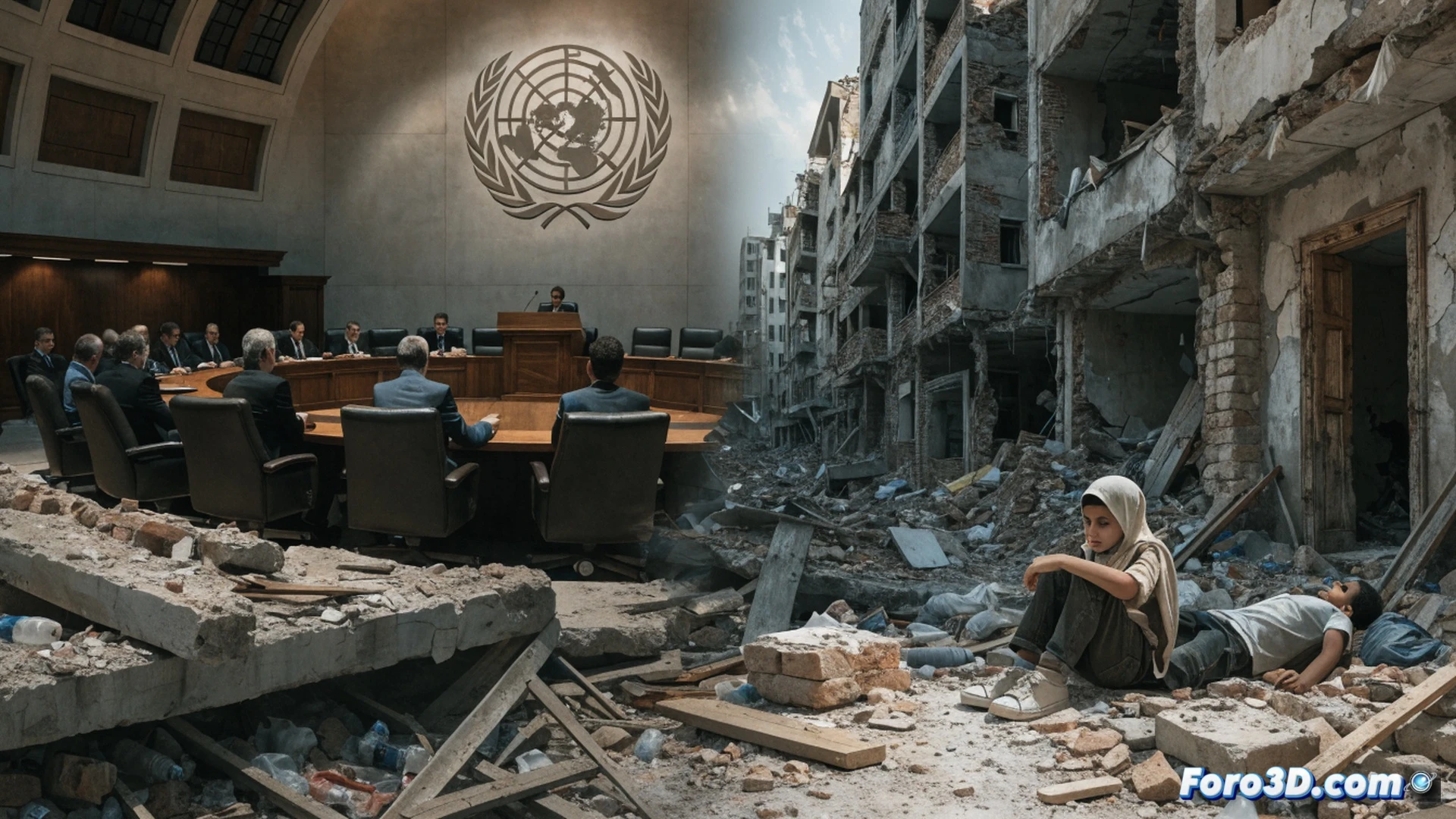 collapsed concrete building in Gaza during airstrike aftermath, UN report documents scattered on rubble, broken medical supplies and children's toys among debris, forensic investigators in blue vests examining structural damage, dust particles suspended in harsh sunlight, technical documentation style with measurement tools visible, photorealistic war zone documentation, wide-angle lens distortion, dramatic shadows from twisted metal beams, humanitarian crisis evidence scene