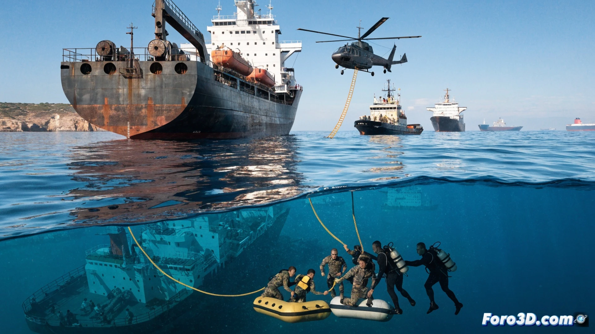 massive cargo ship at sea, hundreds of small rescue boats surrounding it, crew members in orange life vests descending rope ladders while naval helicopters hover overhead, wide-angle view of Persian Gulf at sunset, oil tankers and container ships anchored in background, calm turquoise water with wake patterns from rescue vessels, photorealistic cinematic style, dramatic golden hour lighting illuminating the evacuation process, detailed ship hull with rust streaks and navigation lights, safety equipment visible on deck, coordinated rescue operation in progress, technical maritime illustration showing scale of humanitarian effort