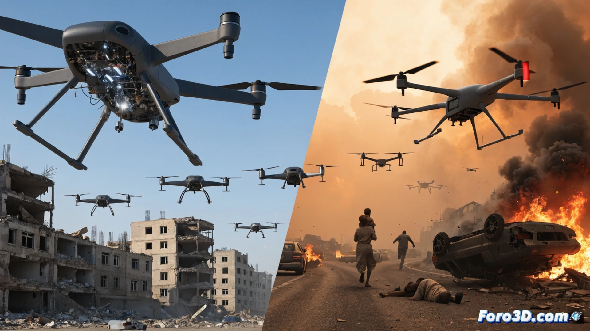 Military drone swarm over a bombed urban street in Ukraine, civilian figures crouching near rubble, autonomous quadcopter with AI targeting module hovering low, red laser scanning a damaged building, smoke trails from recent strike, Sudaneses-style market debris in background, drone camera lens reflecting shattered glass, cinematic photorealistic technical illustration, dramatic dusk lighting with orange smoke and grey concrete dust, motion blur on spinning propellers, ultra-detailed carbon fiber drone frame with visible sensor array, warzone atmosphere with scattered personal belongings, high-contrast shadows emphasizing danger, engineering visualization style