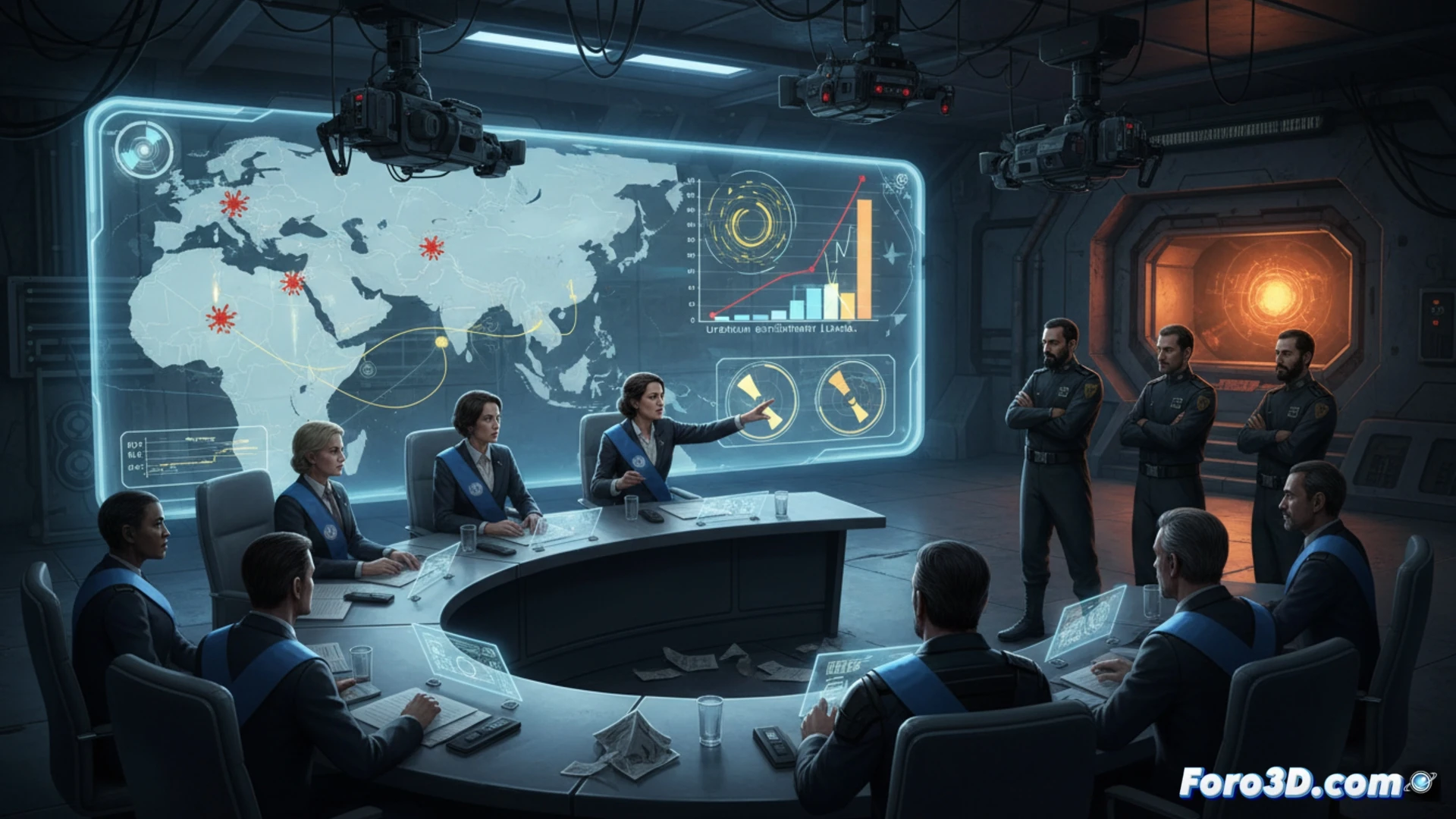 Photorealistic cinematic scene of a UN inspection team standing at a sealed heavy metal door of an underground nuclear facility, radiation warning symbol glowing red on the door, engineers holding tablet devices showing uranium enrichment graphs with red alert indicators, military drones hovering overhead scanning the area, desert landscape with smoke plumes rising from distant bomb craters, dramatic sunset lighting casting long shadows, high-tech security cameras and motion sensors mounted on concrete walls, tension visible in body language of inspectors and armed guards, ultra-detailed industrial architecture, photorealistic technical visualization