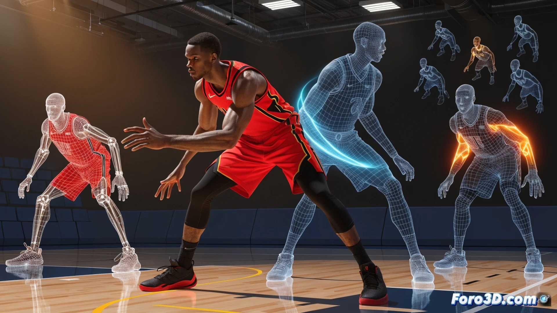 Photorealistic technical visualization of a basketball player mid-defensive slide, 3D skeletal overlay showing lateral hip rotation and footwork biomechanics, translucent muscle fibers highlighted in blue and red, court lines visible beneath, motion blur on sneakers, arena lights casting sharp shadows on hardwood, digital wireframe grid surrounding the athlete, engineering-style render with precise angular measurements of wingspan and stance, cinematic depth of field, high-contrast dramatic lighting