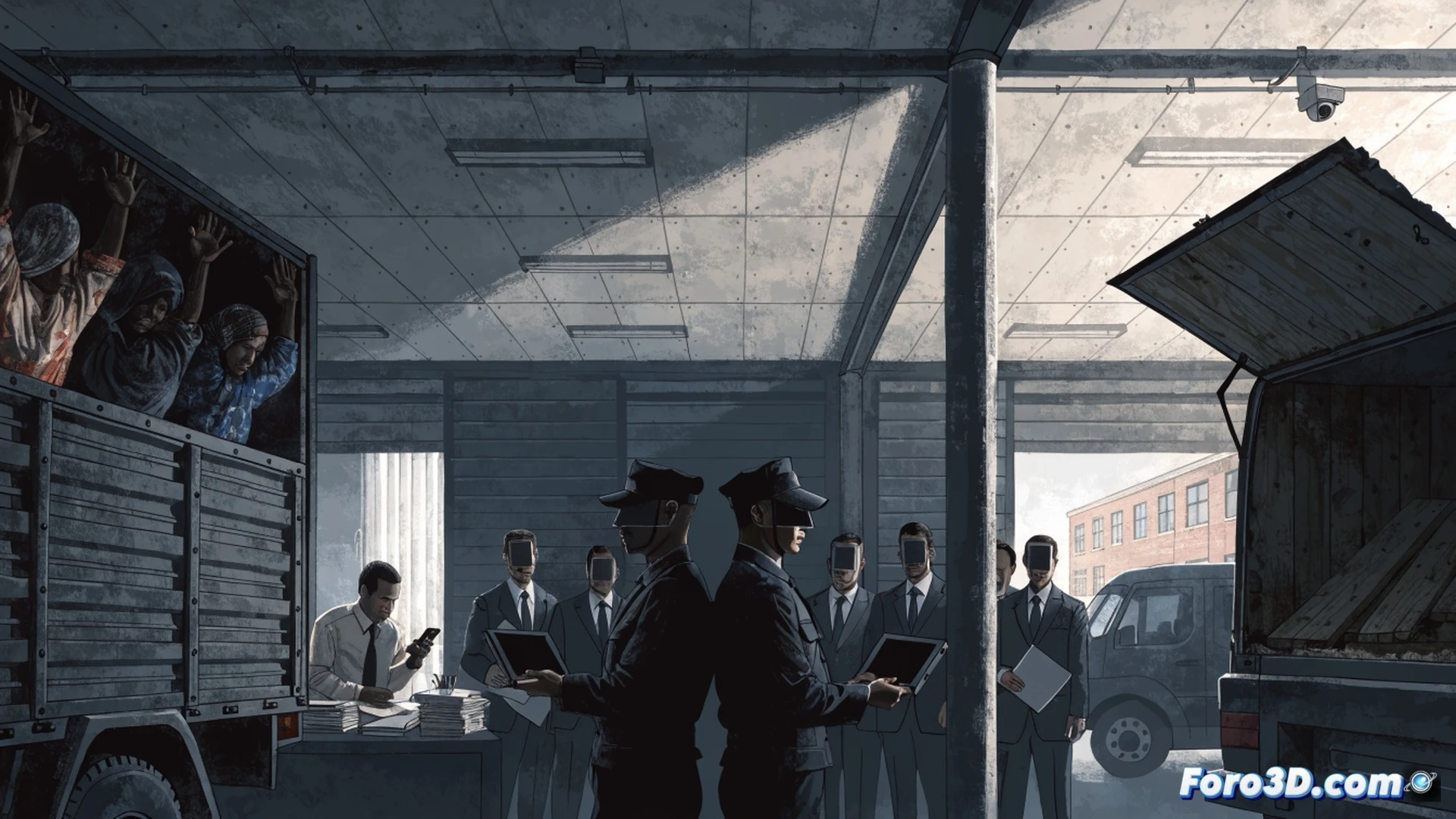 Photorealistic technical scene of a sterile airport hangar at night, a cargo plane ramp lowering while uniformed officers escort a group of 17 migrants with obscured faces, their hands bound, boarding without visible documentation or luggage, a government official holding a sealed black binder, a surveillance camera with a red blinking light pointed away from the process, motion blur on a blurred passport stamp being hidden, cold industrial lighting, metallic reflections on the aircraft fuselage, dramatic shadows, cinematic high-contrast rendering, ultra-detailed textures on uniforms and metal surfaces