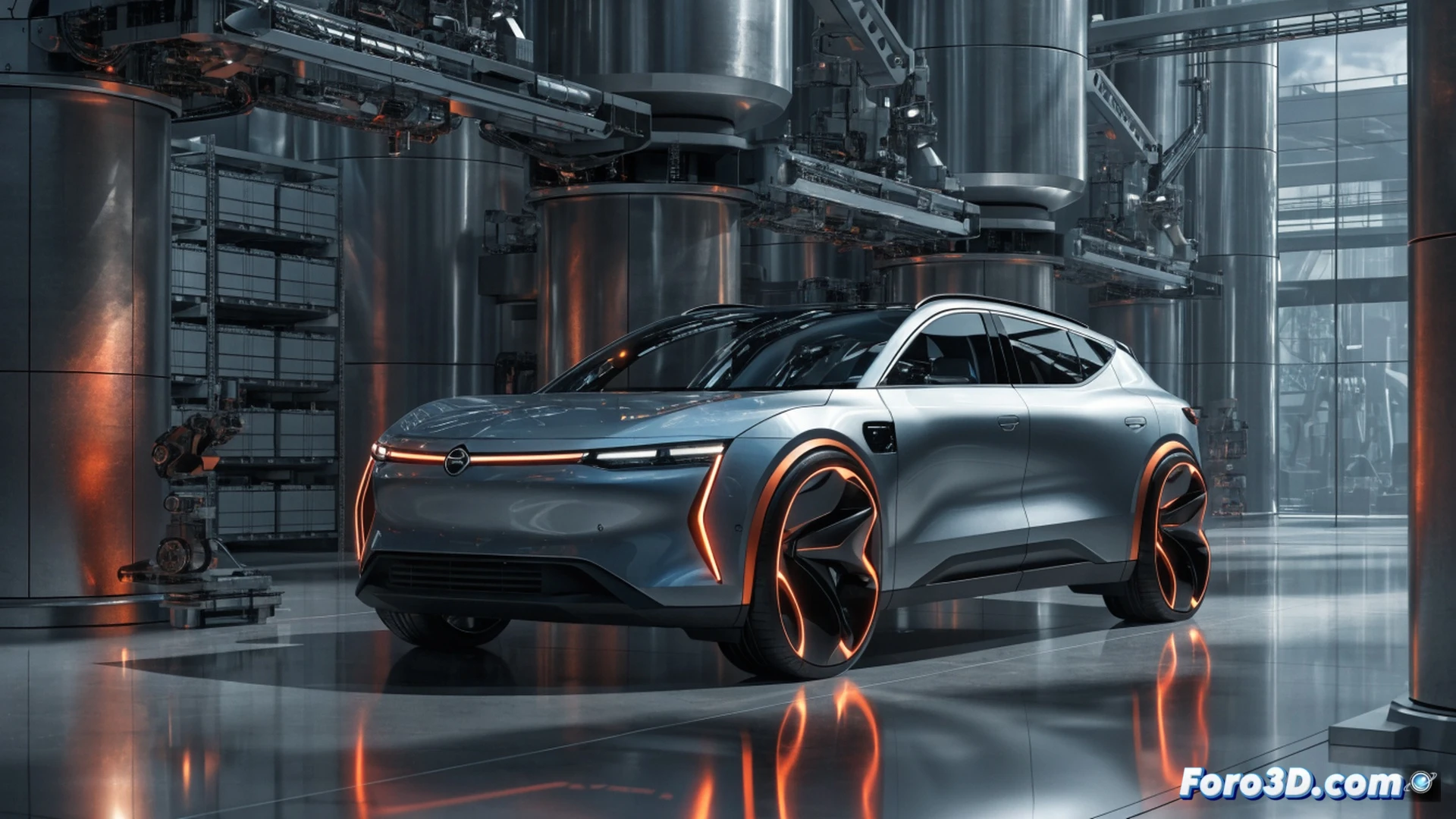 compact electric SUV chassis assembly line in Zaragoza factory, robotic arms installing 70 kWh battery pack under the floor, glowing blue battery modules being lowered into aluminium frame, worker inspecting high-voltage cables while automated guided vehicles transport body panels, clean white industrial lighting, sparks from welding station in background, technical engineering visualization, photorealistic render, detailed mechanical components, motion blur on conveyor belts, sleek crossover silhouette with closed grille and aerodynamic wheels, dramatic shadows on metallic surfaces